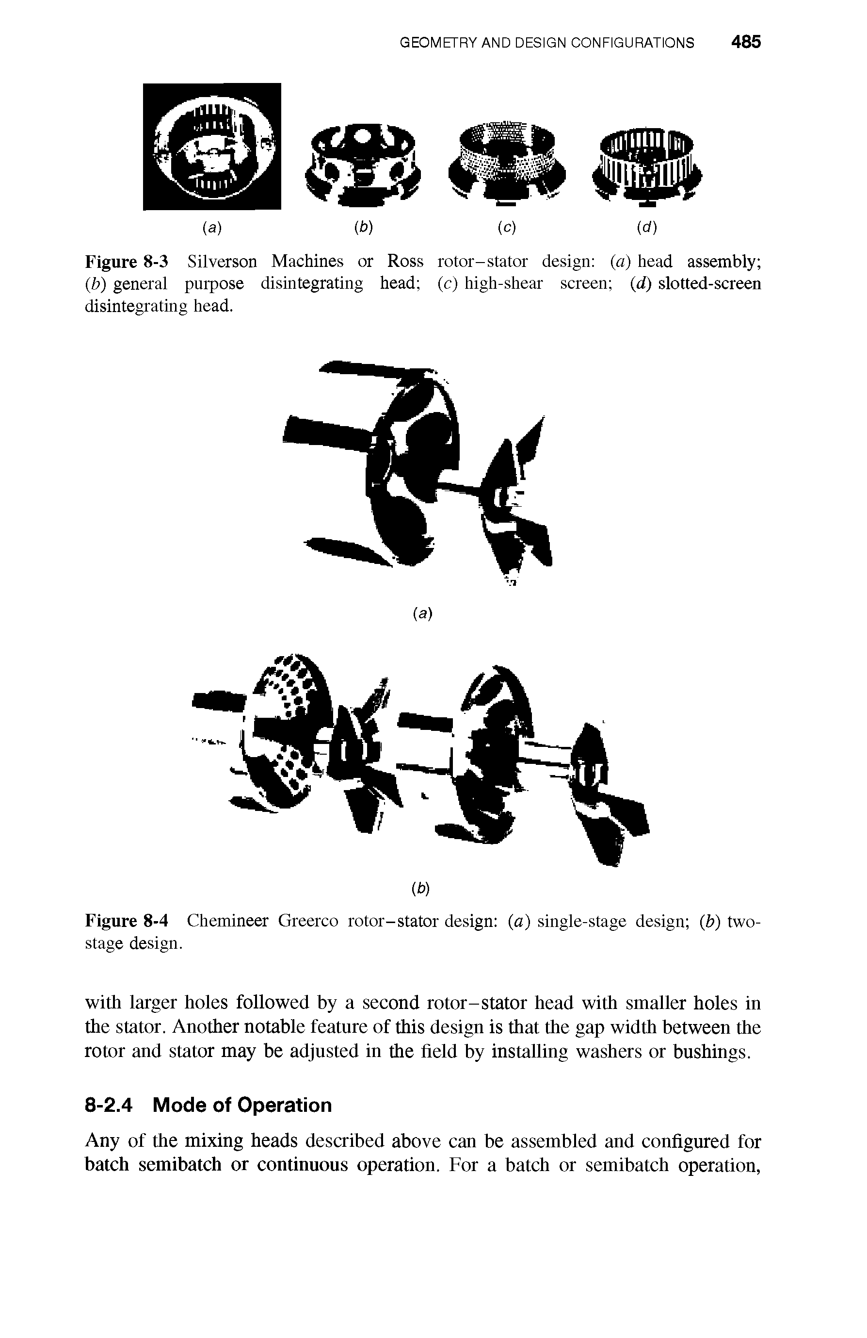 Figure 8-3 Silverson Machines or Ross rotor-stator design (a) head assembly (b) general purpose disintegrating head (c) high-shear screen (d) slotted-screen disintegrating head.