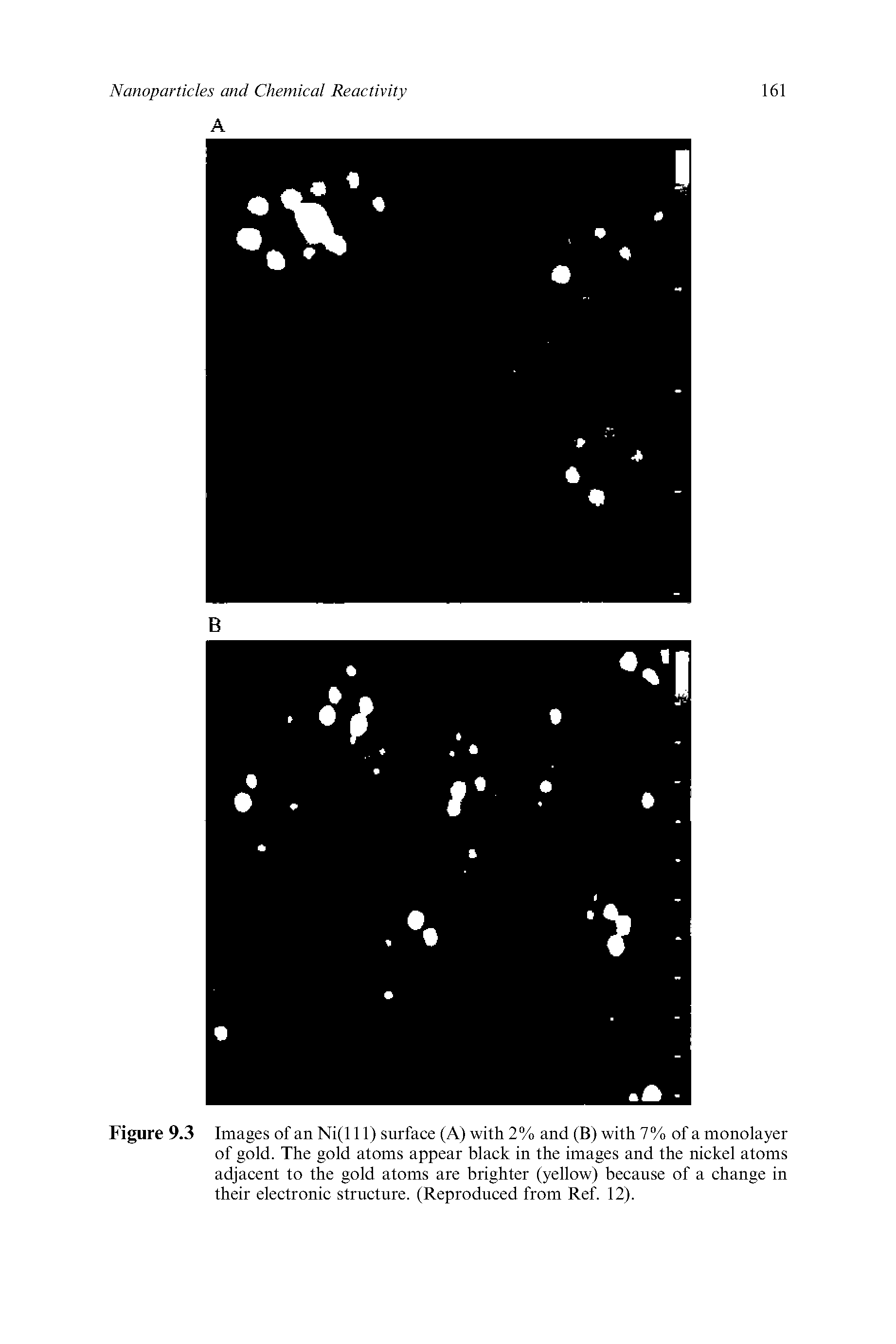 Figure 9.3 Images of an Ni(l 11) surface (A) with 2% and (B) with 7% of a monolayer of gold. The gold atoms appear black in the images and the nickel atoms adjacent to the gold atoms are brighter (yellow) because of a change in their electronic structure. (Reproduced from Ref. 12).