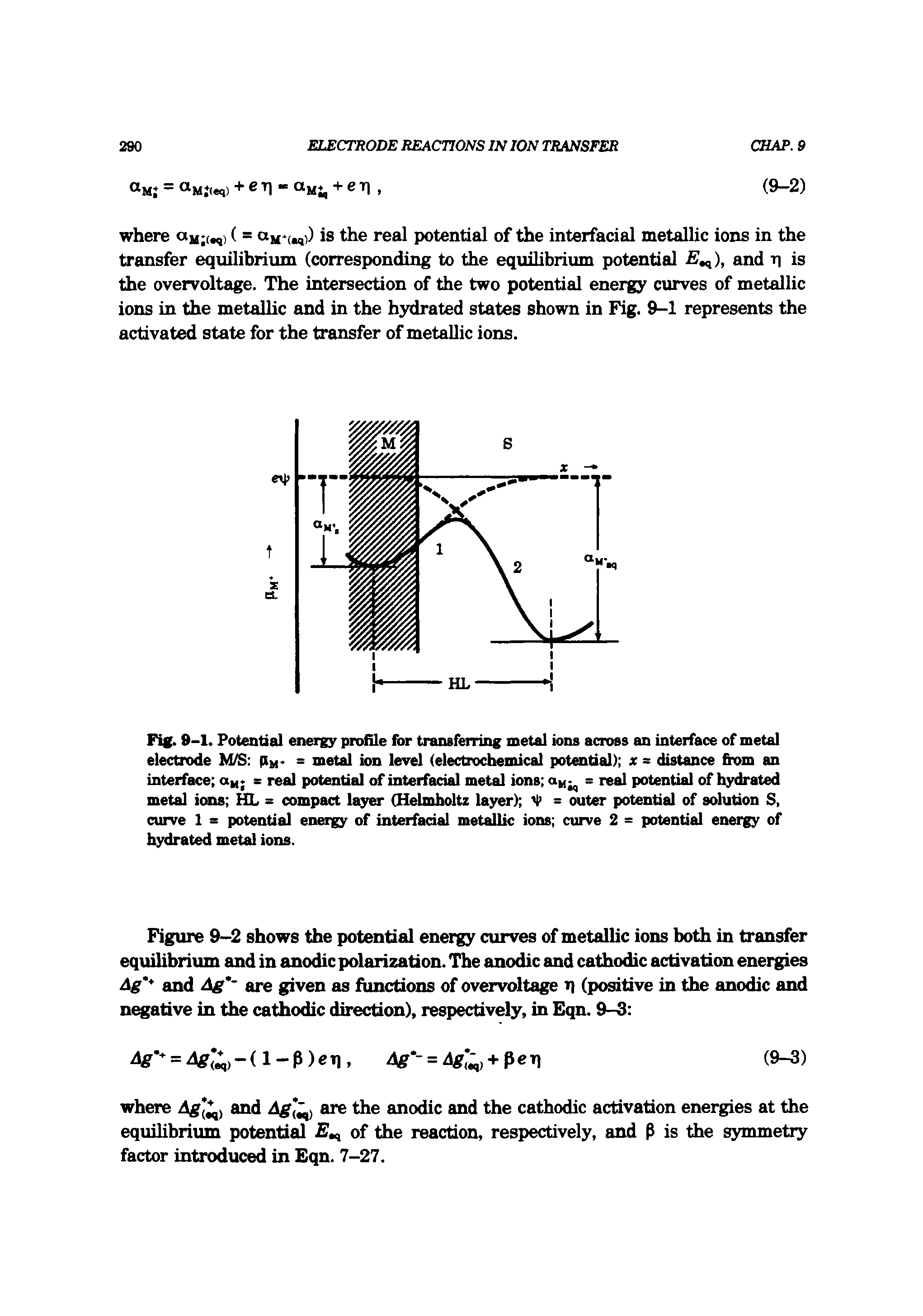 Fig. 9-1. Potential energy profile for transferring metal ions across an interface of metal electrode M/S py. = metal ion level (electrochemical potential) x = distance fiom an interface au. = real potential of interfacial metal ions = real potential of hydrated metal ions - compact layer (Helmholtz layer) V = outer potential of solution S, curve 1 = potential energy of interfadal metallic ions curve 2 = potential energy of hydrated metal ions.