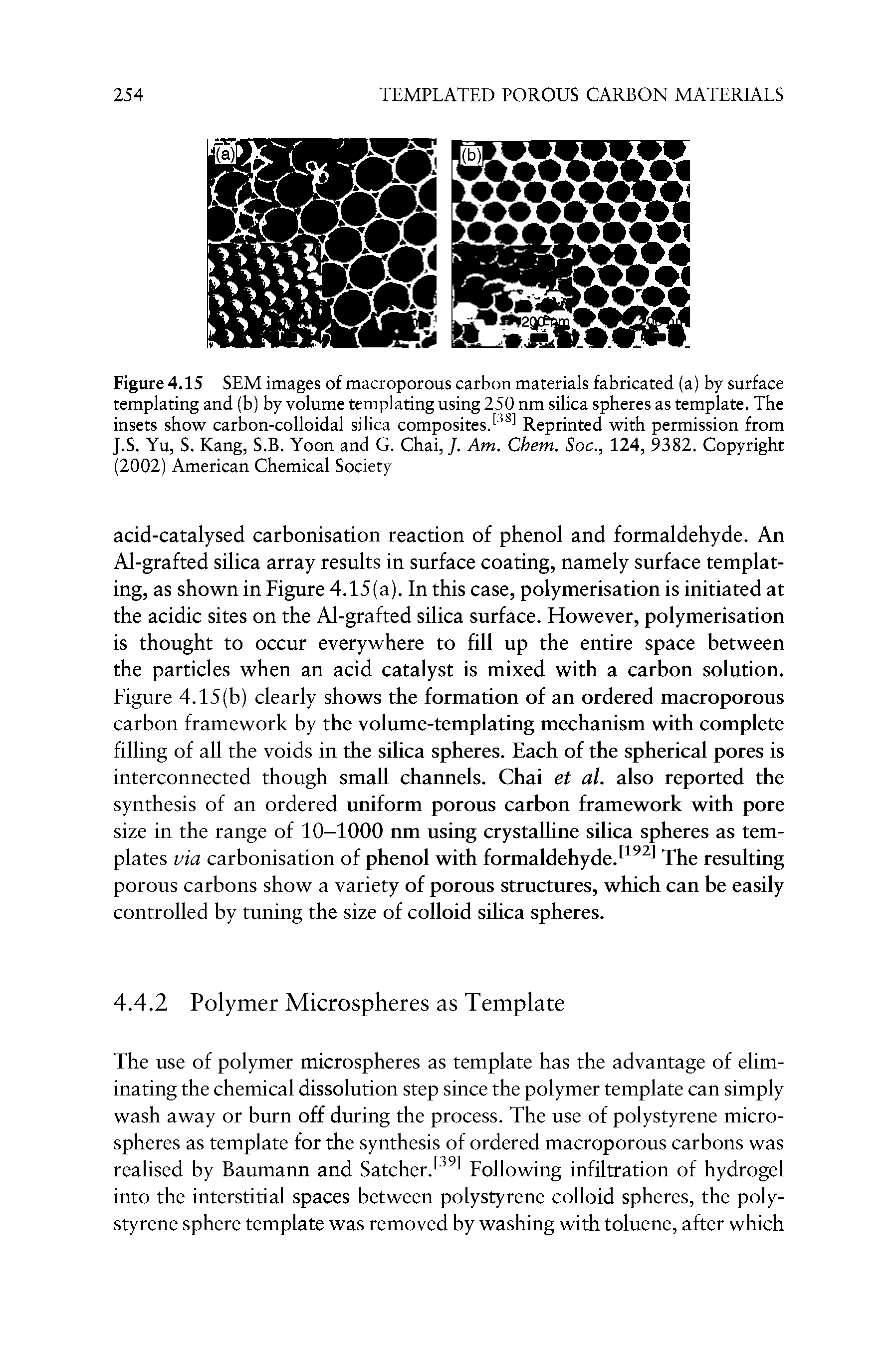 Figure 4.15 SEM images of macroporous carbon materials fabricated (a) by surface templating and (b) by volume templating using 250 nm silica spheres as template. The insets show carbon-colloidal silica composites. Reprinted with permission from J.S. Yu, S. Kang, S.B. Yoon and G. Chai,/. Am. Chem. Soc., 124, 9382. Copyright (2002) American Chemical Society...