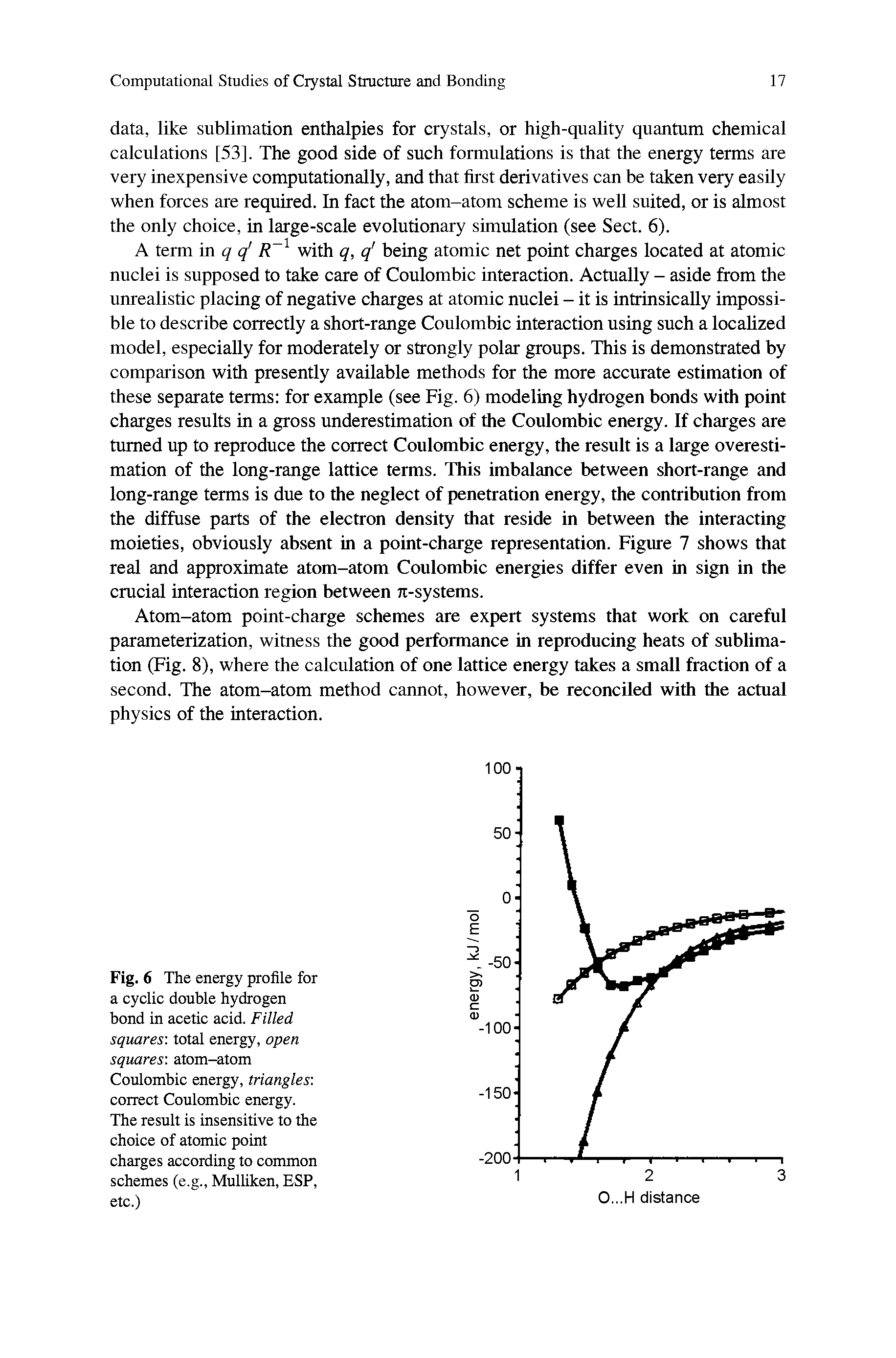 Fig. 6 The energy profile for a cyclic double hydrogen bond in acetic acid. Filled squares, total energy, open squares, atom-atom Coulombic energy, triangles. correct Coulombic energy. The result is insensitive to the choice of atomic point charges according to common schemes (e.g., Muliiken, ESP, etc.)...