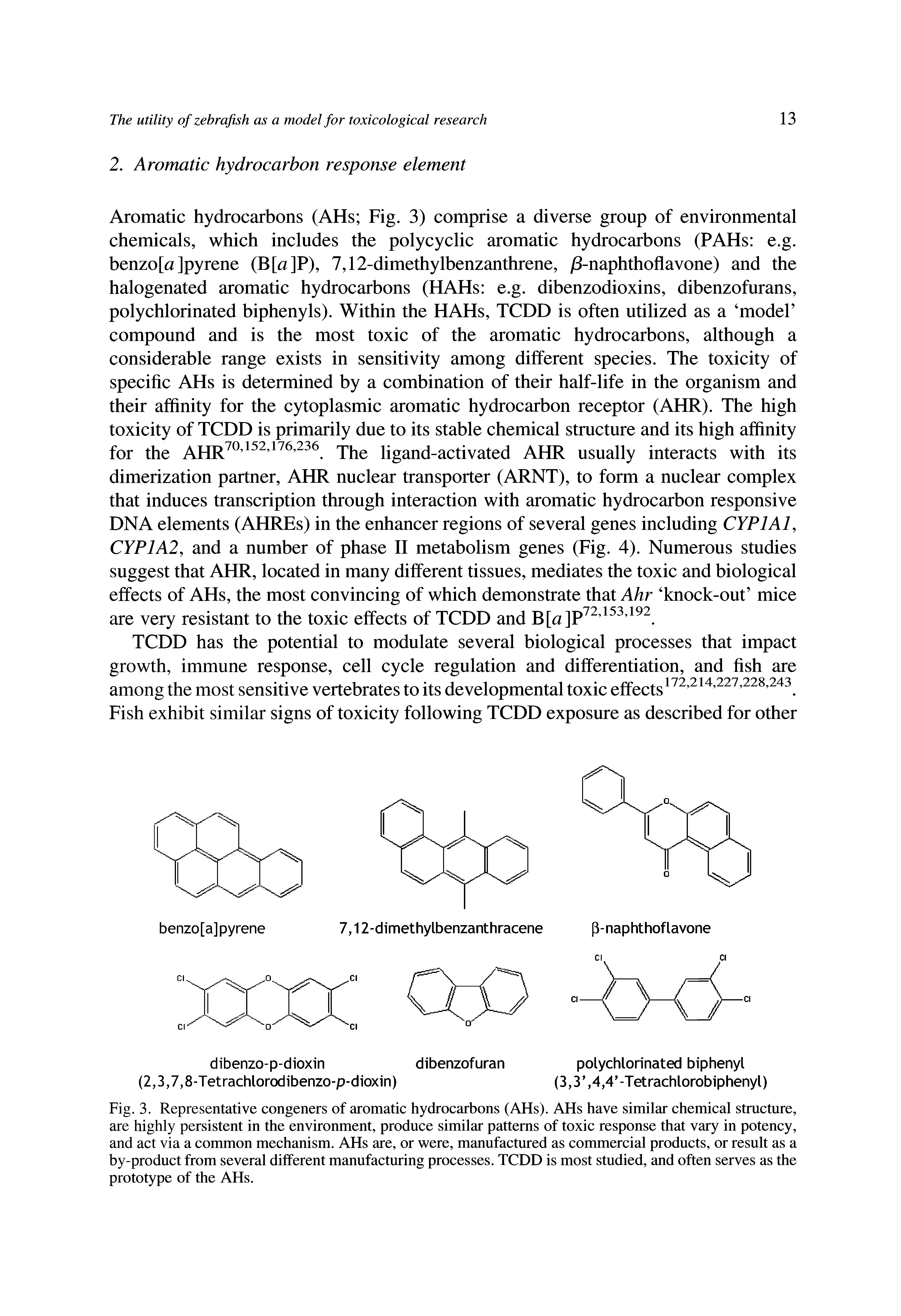 Fig. 3. Representative congeners of aromatic hydrocarbons (AHs). AHs have similar chemical structure, are highly persistent in the environment, produce similar patterns of toxic response that vary in potency, and act via a common mechanism. AHs are, or were, manufactured as commercial products, or result as a by-product from several different manufacturing processes. TCDD is most studied, and often serves as the prototype of the AHs.