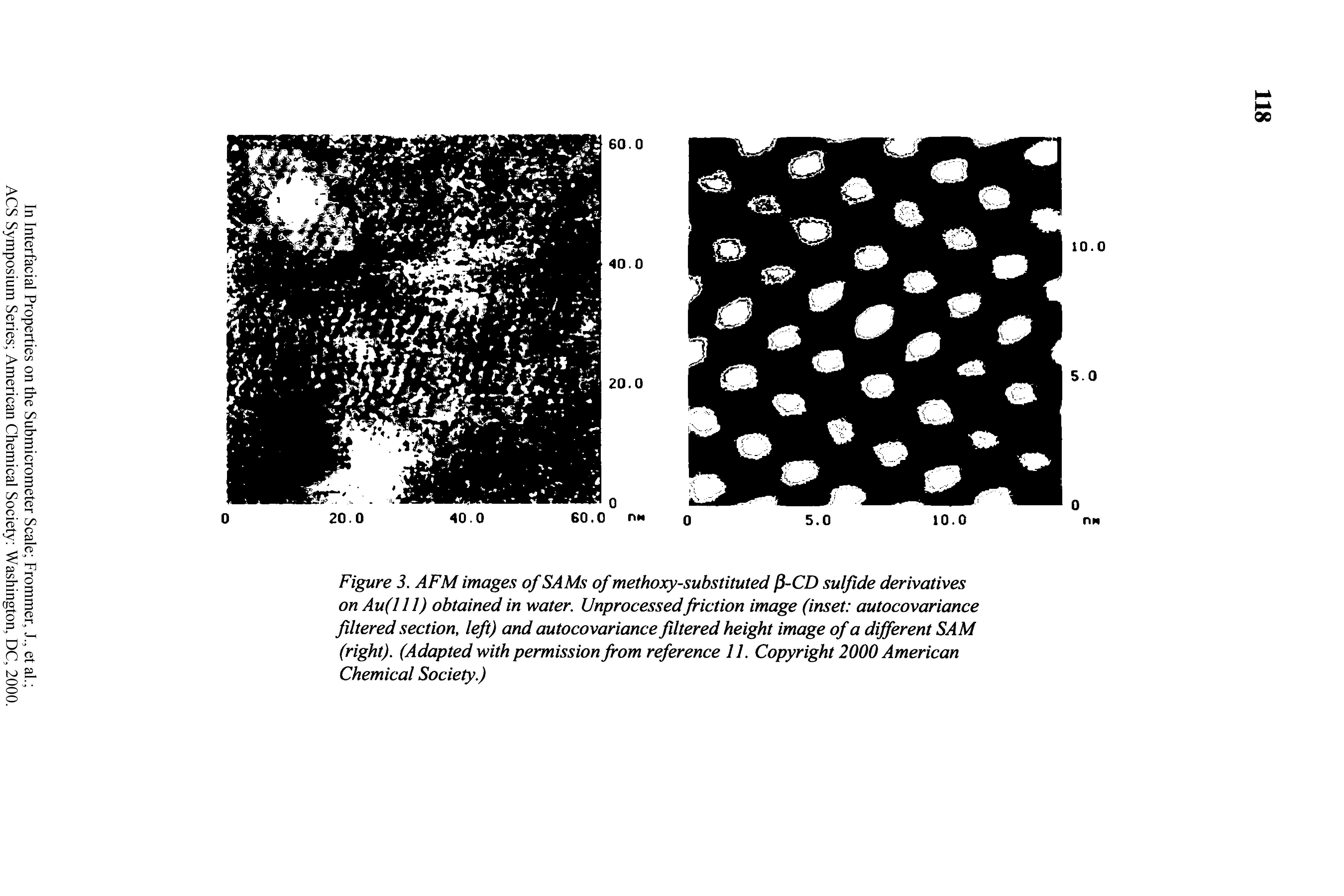 Figure 3, AFM images of SAMs of methoxy-substituted p-CD sulfide derivatives on Au(l 11) obtained in water. Unprocessedfriction image (inset autocovariance filtered section, left) and autocovariance filtered height image of a different SAM (right). (Adapted with permission from reference 11. Copyright 2000 American Chemical Society.)...