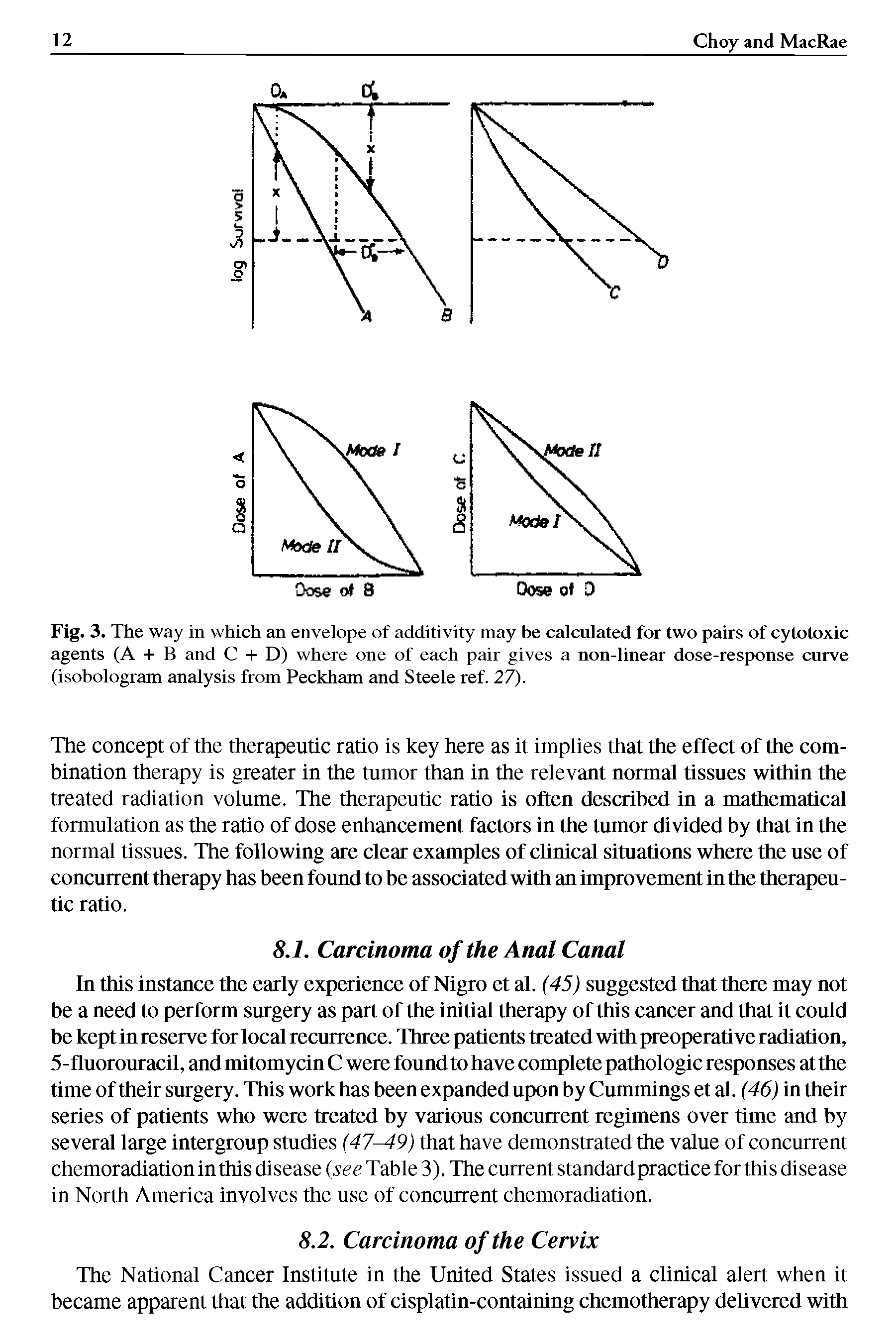 Fig. 3. The way in which an envelope of additivity may be calculated for two pairs of cytotoxic agents (A + B and C + D) where one of each pair gives a non-linear dose-response curve (isobologram analysis from Peckham and Steele ref. 27).