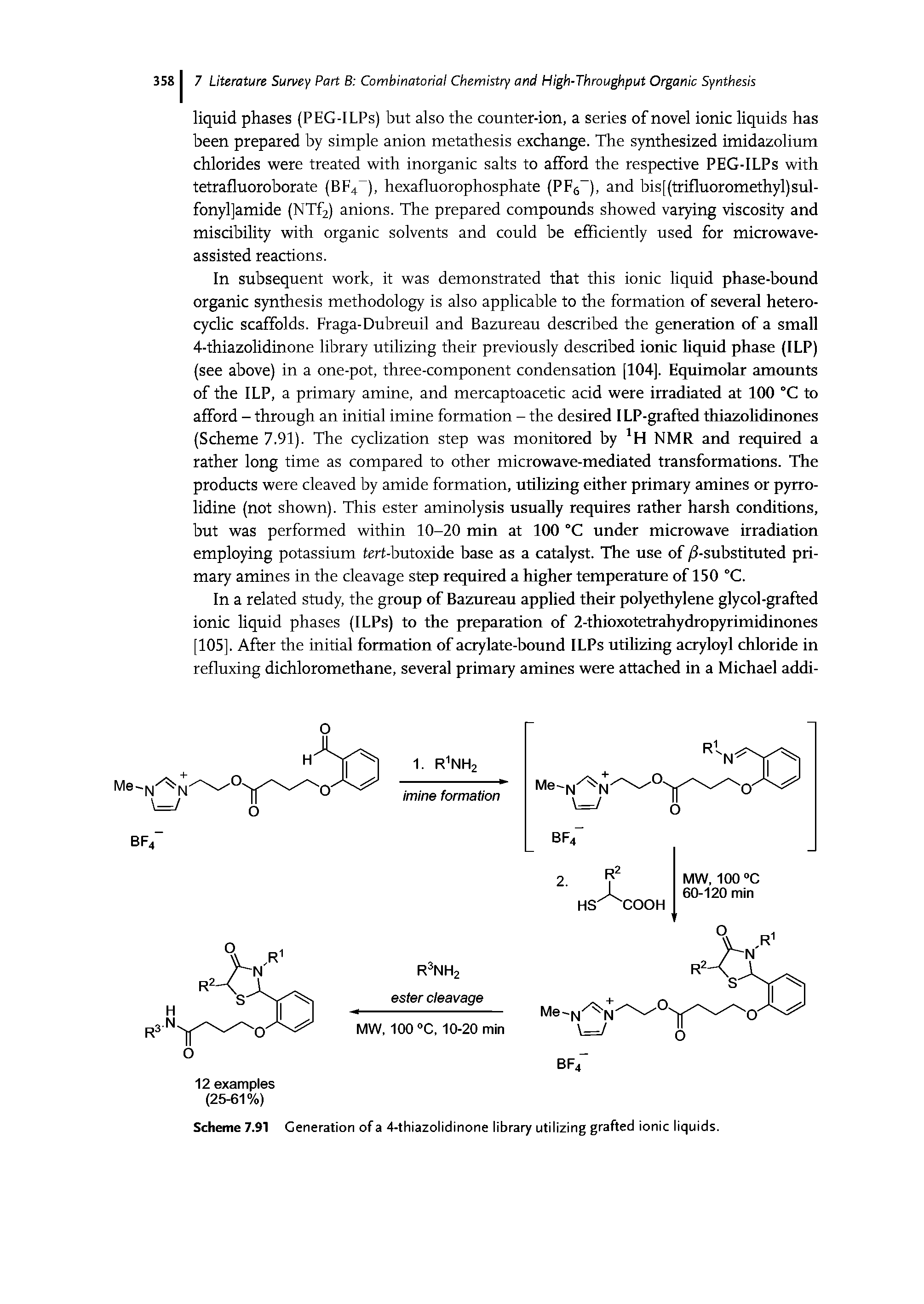 Scheme 7.91 Generation of a 4-thiazolidinone library utilizing grafted ionic liquids.