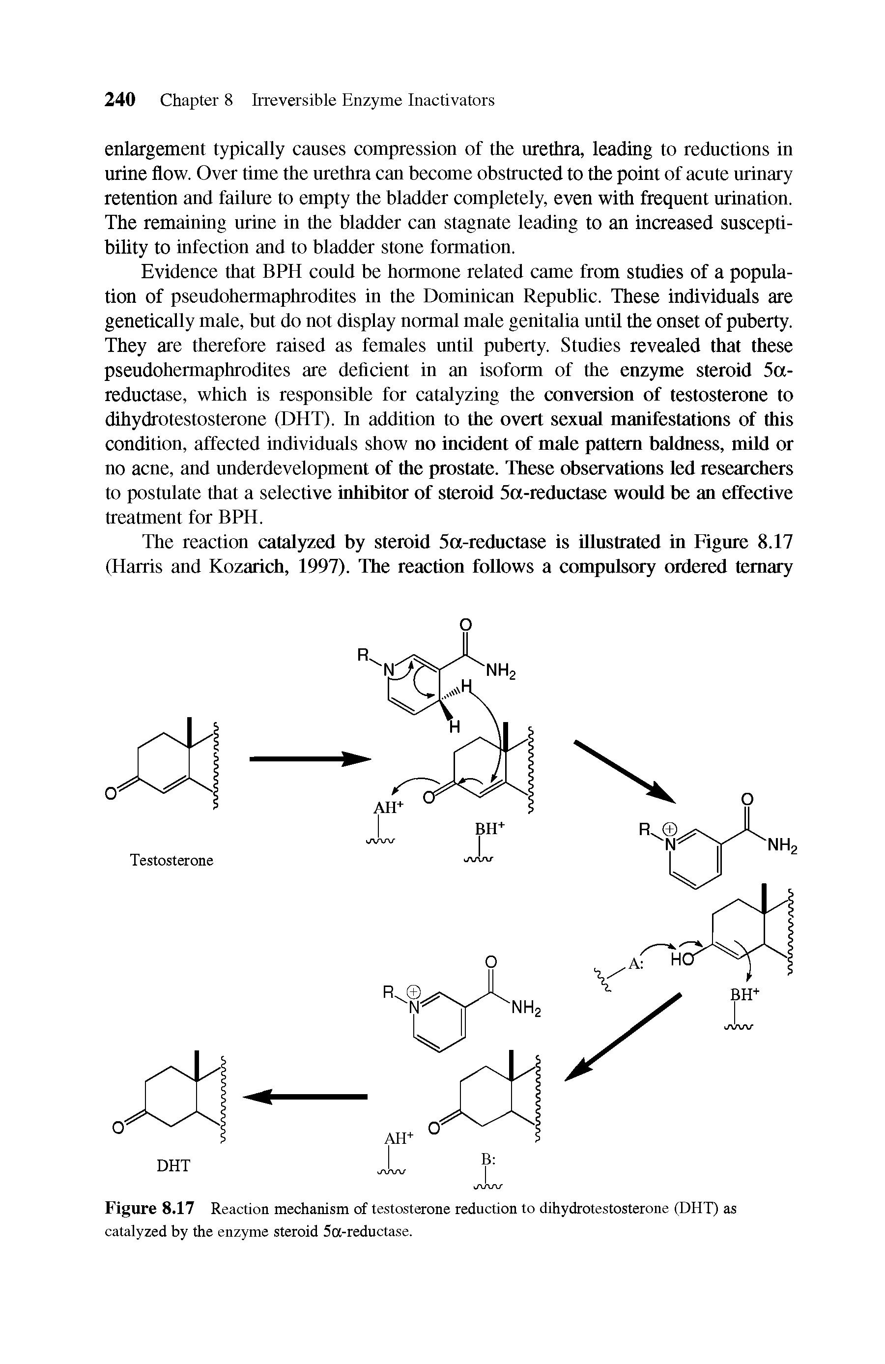 Figure 8.17 Reaction mechanism of testosterone reduction to dihydrotestosterone (DHT) as catalyzed by the enzyme steroid 5a-reductase.