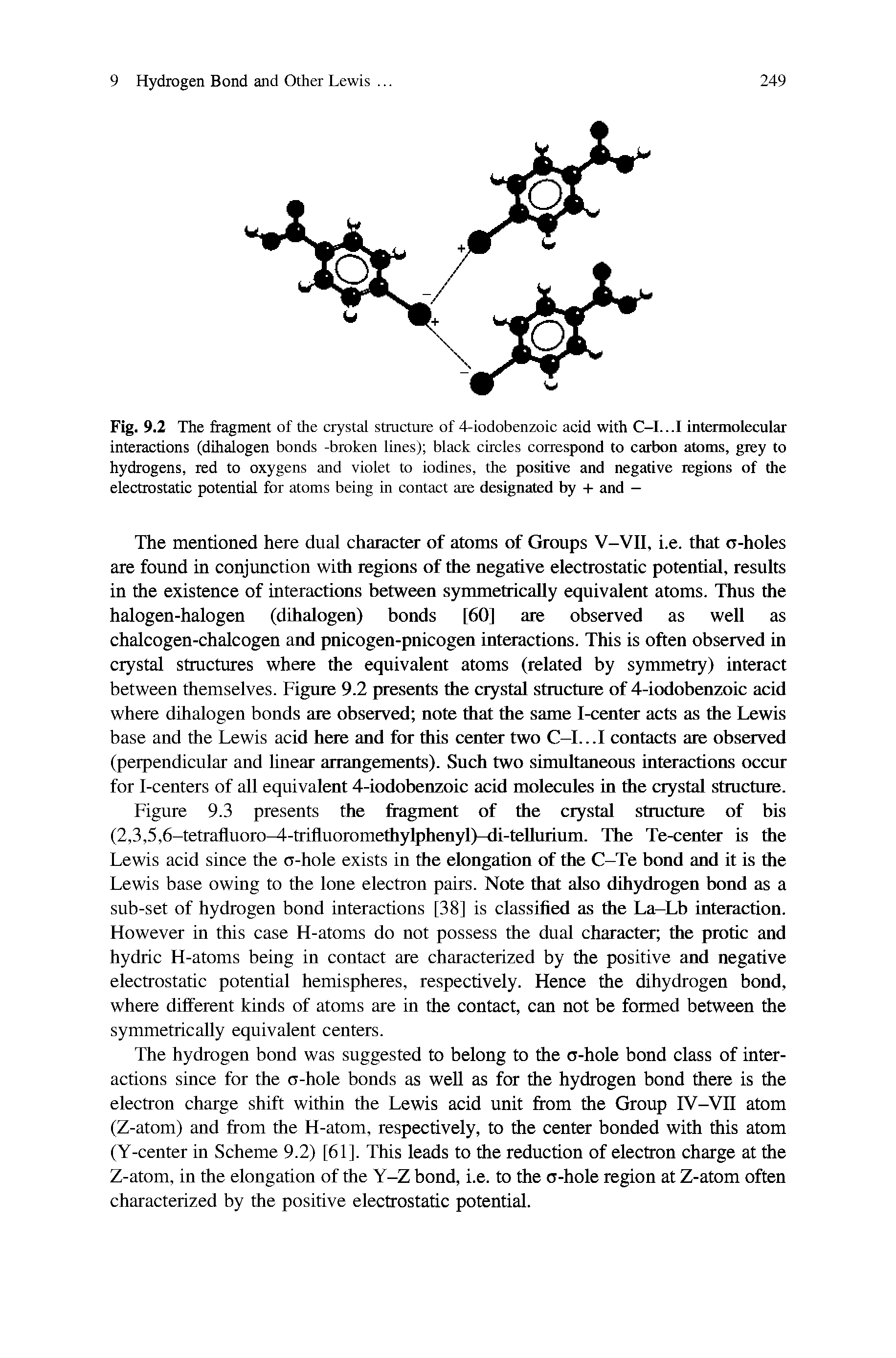 Fig. 9.2 The fragment of the crystal structure of 4-iodobenzoic acid with C-I...I intermolecular interactions (dihalogen bonds -broken lines) black circles correspond to carbon atoms, grey to hydrogens, red to oxygens and violet to iodines, the positive and negative regions of the electrostatic potential for atoms being in contact are designated by + and —...
