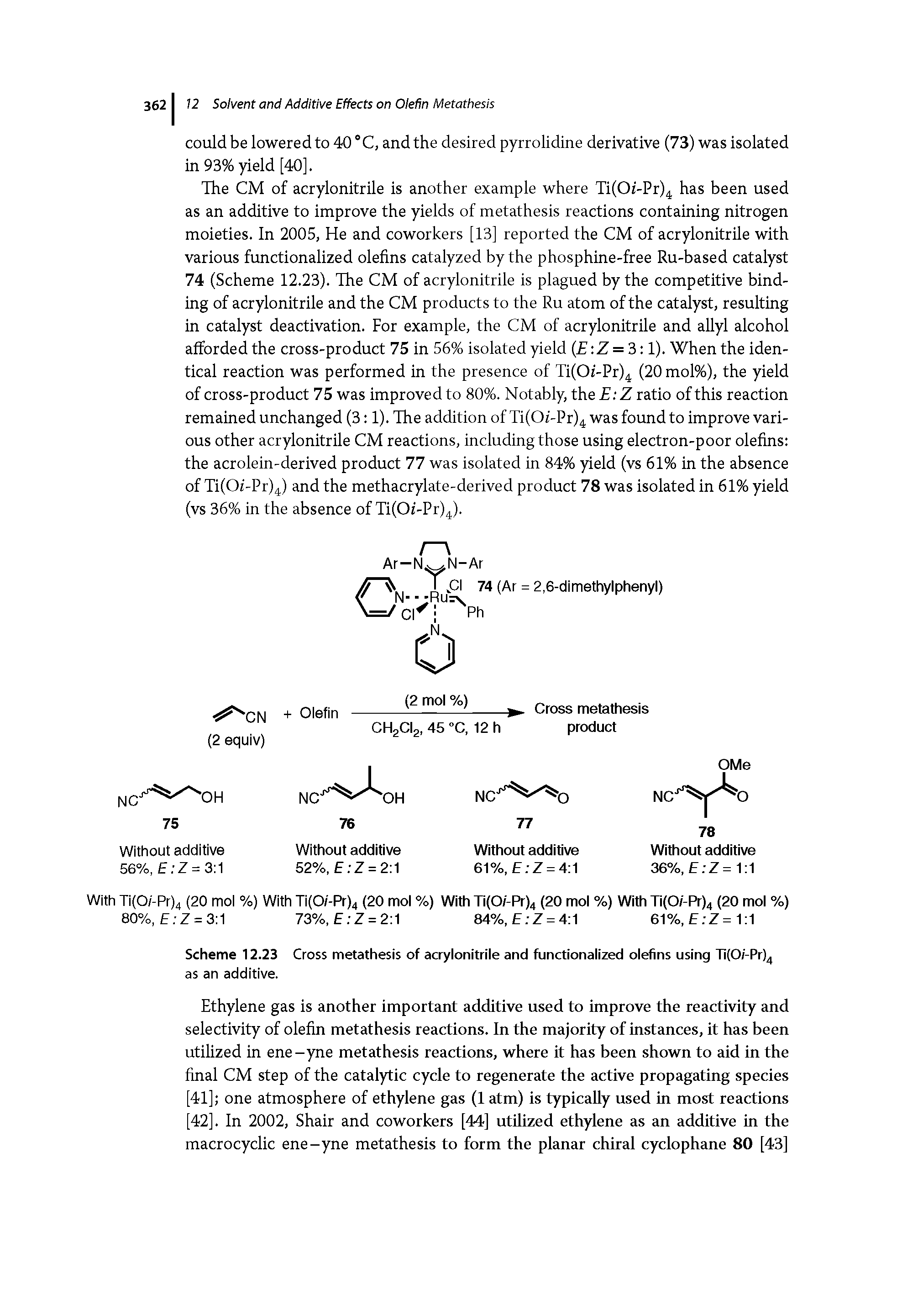 Scheme 12.23 Cross metathesis of acrylonitrile and functionalized olefins using TifOi-Prj as an additive.