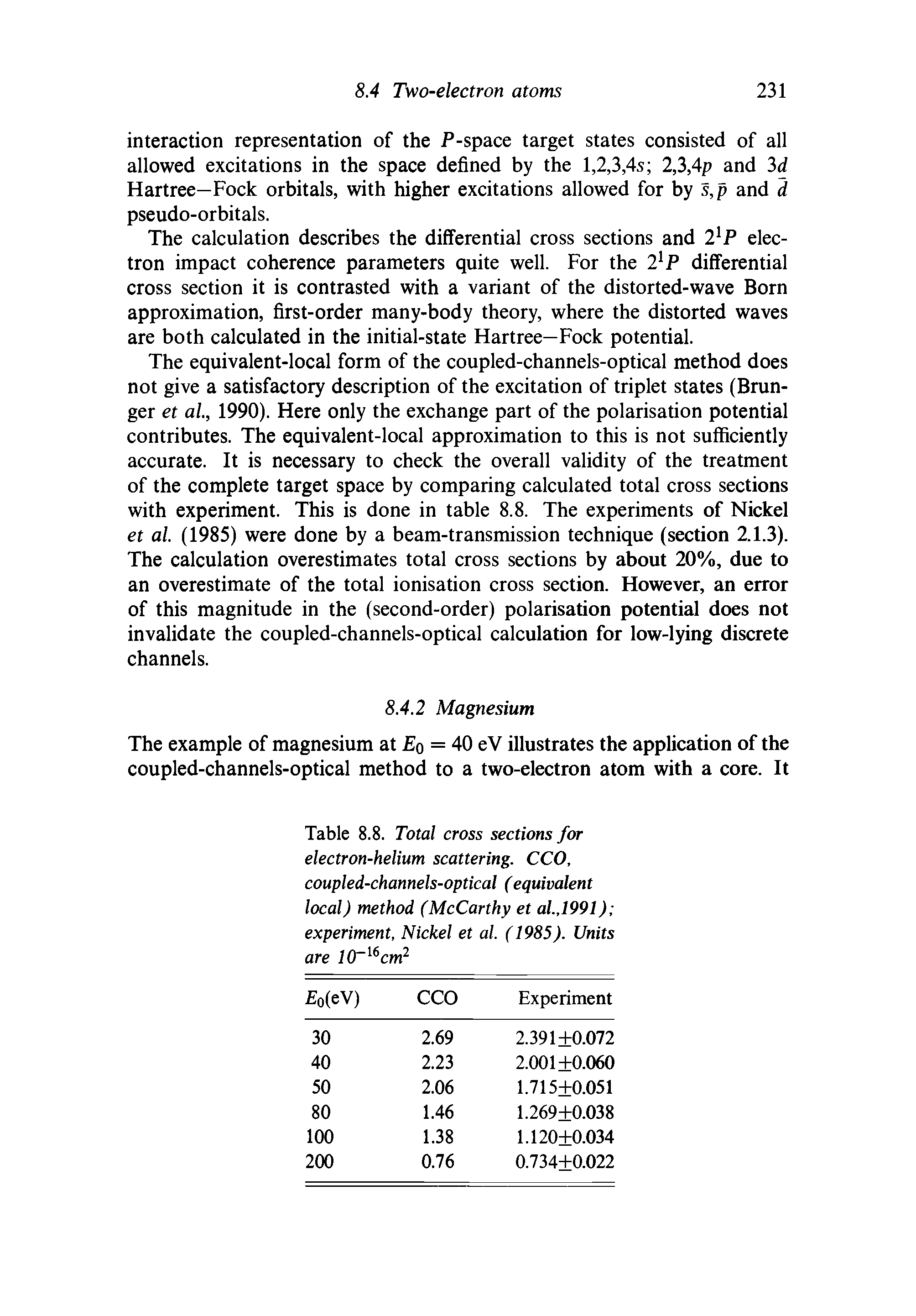 Table 8.8. Total cross sections for electron-helium scattering. CCO, coupled-channels-optical (equivalent local) method (McCarthy et al.,1991) experiment. Nickel et al. (1985). Units are KT cmi ...