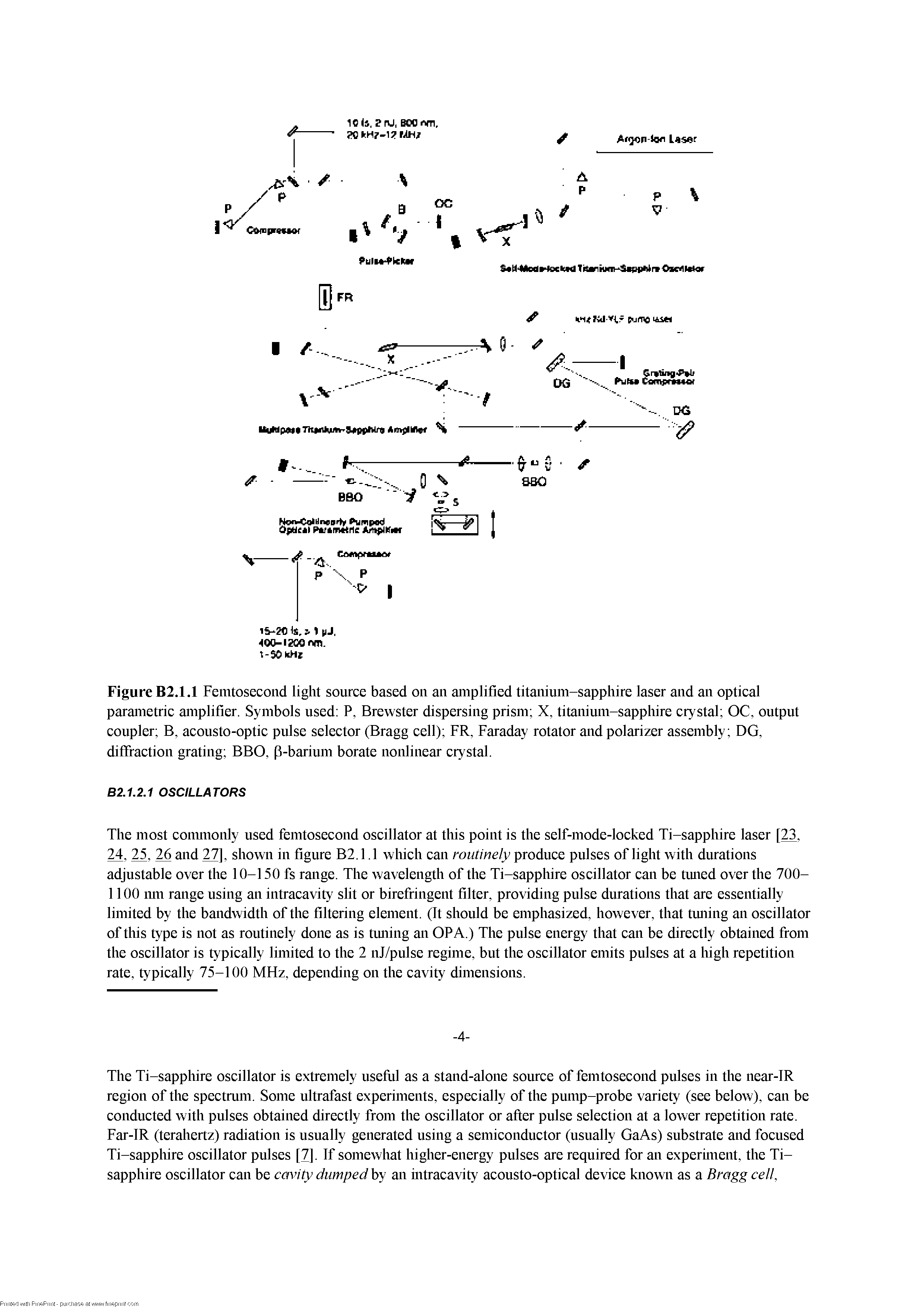 Figure B2.1.1 Femtosecond light source based on an amplified titanium-sapphire laser and an optical parametric amplifier. Symbols used P, Brewster dispersing prism X, titanium-sapphire crystal OC, output coupler B, acousto-optic pulse selector (Bragg cell) FR, Faraday rotator and polarizer assembly DG, diffraction grating BBO, p-barium borate nonlinear crystal.