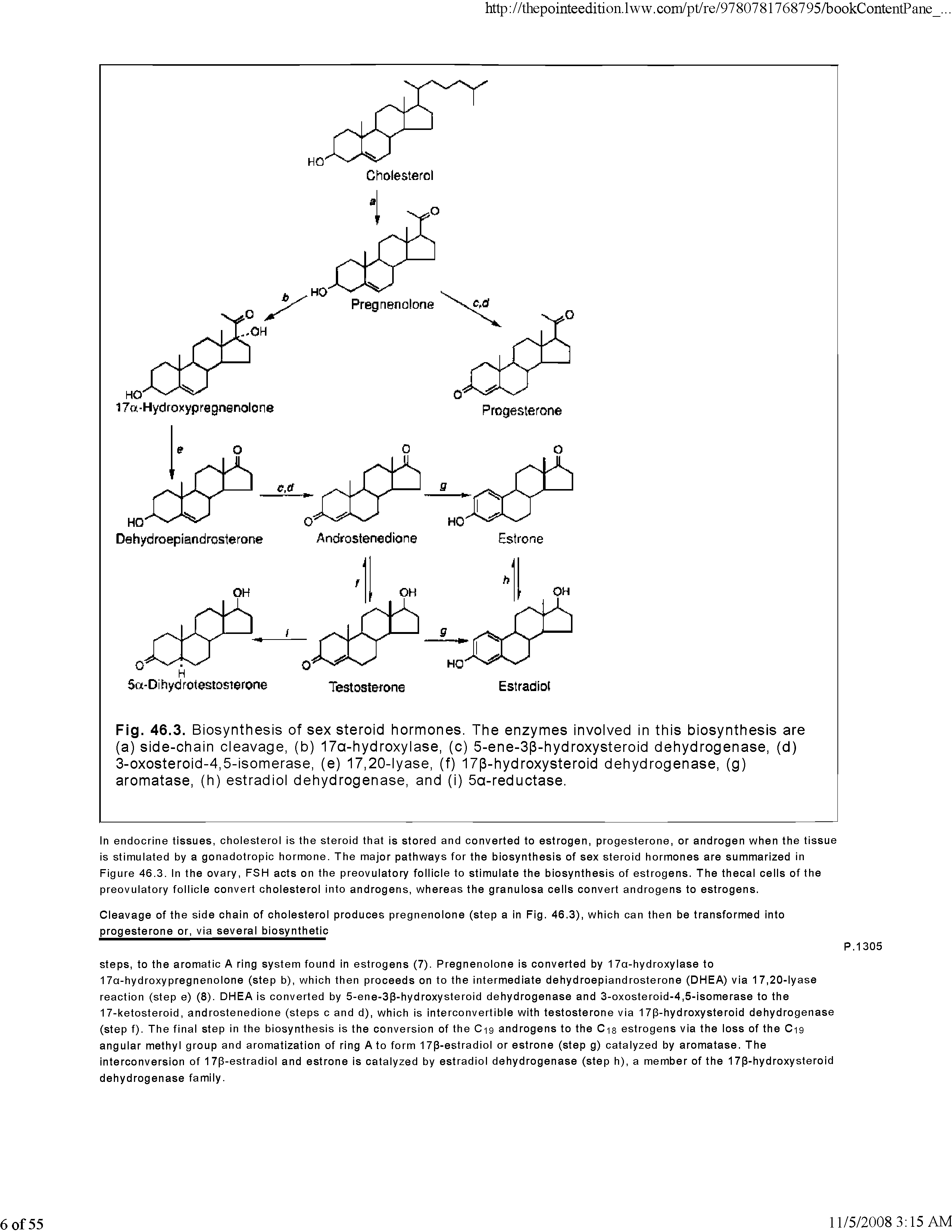 Fig. 46.3. Biosynthesis of sex steroid hormones. The enzymes involved in this biosynthesis are (a) side-ohain cleavage, (b) 17a-hydroxylase, (o) 5-ene-3p-hydroxysteroid dehydrogenase, (d) 3-oxosteroid-4,5-isomerase, (e) 17,20-lyase, (f) 17(3-hydroxysteroid dehydrogenase, (g) aromatase, (h) estradiol dehydrogenase, and (i) 5a-reduotase.