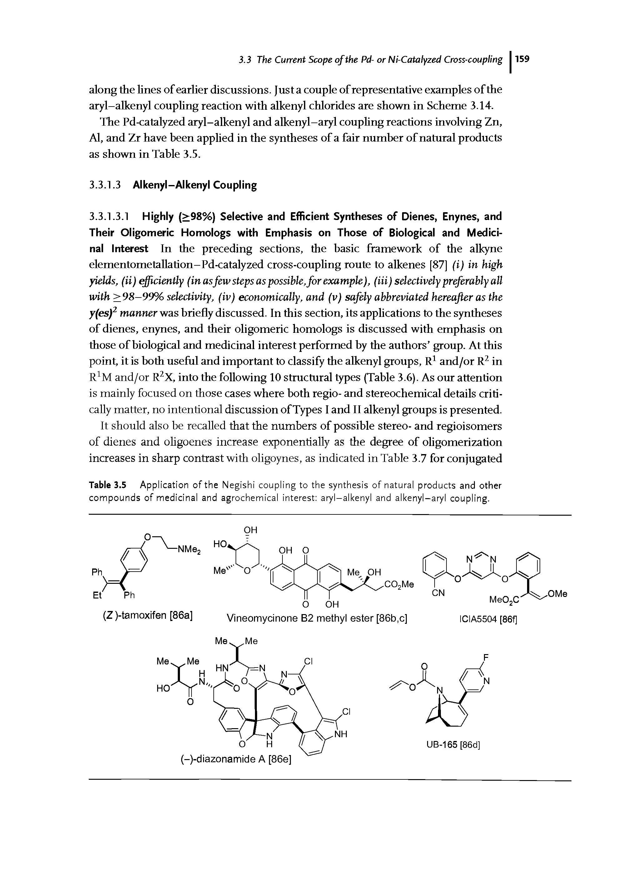 Table 3.5 Application of the Negishi coupling to the synthesis of natural products and other compounds of medicinal and agrochemical interest aryl-alkenyl and alkenyl-aryl coupling.