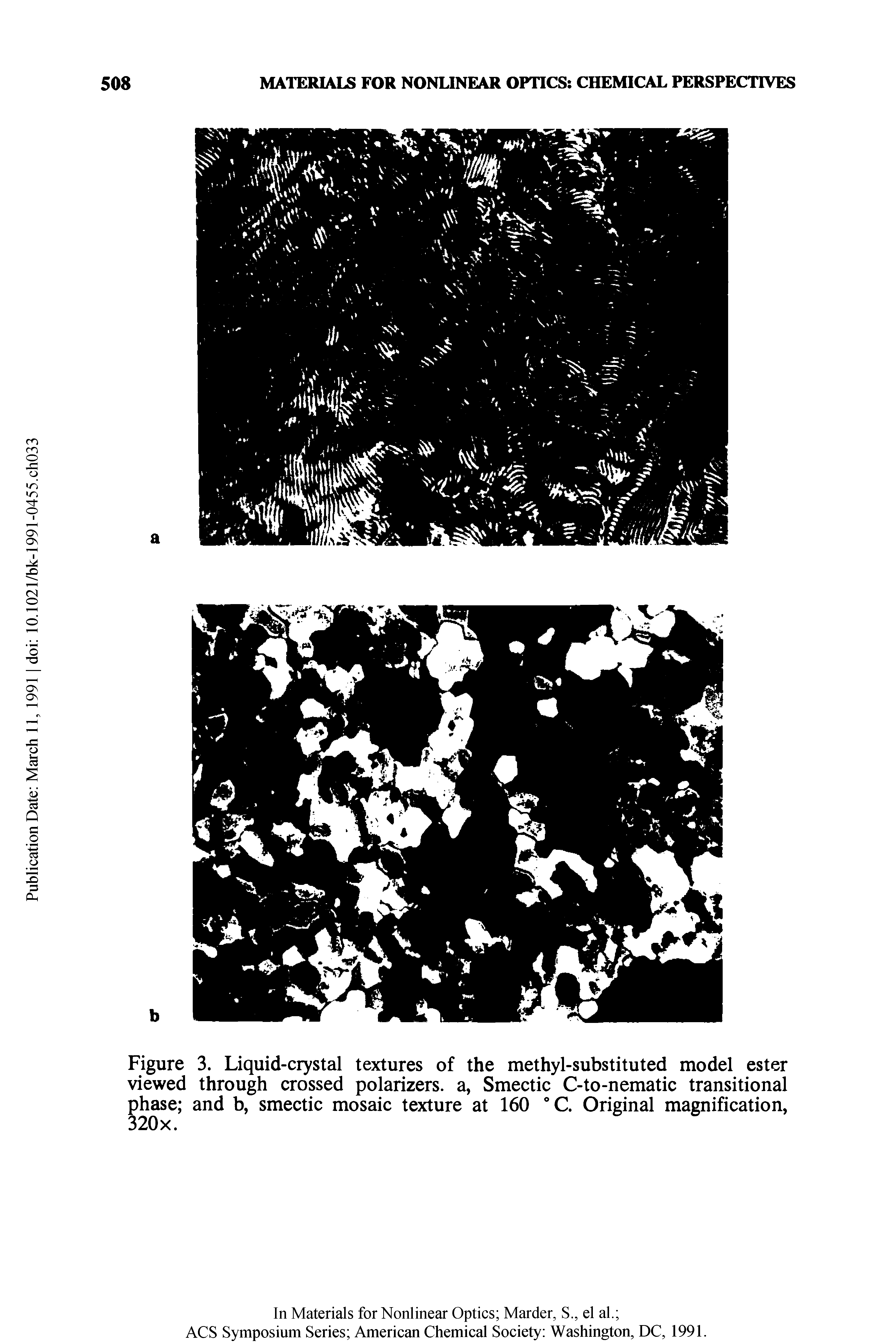 Figure 3. Liquid-crystal textures of the methyl-substituted model ester viewed through crossed polarizers, a, Smectic C-to-nematic transitional phase and b, smectic mosaic texture at 160 °C. Original magnification, 320x.