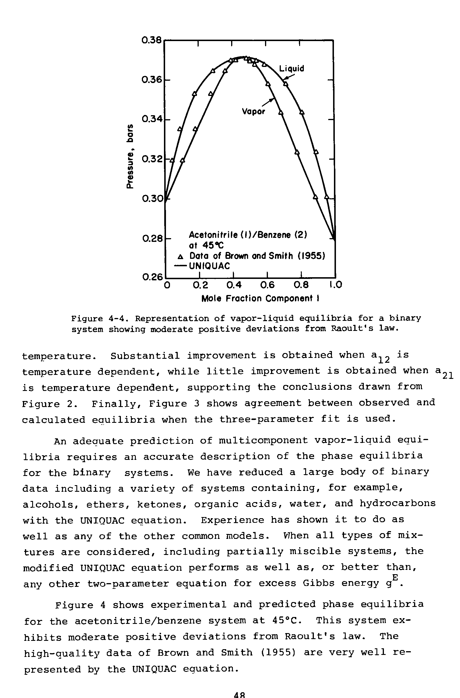 Figure 4-4. Representation of vapor-liquid equilibria for a binary system showing moderate positive deviations from Raoult s law.