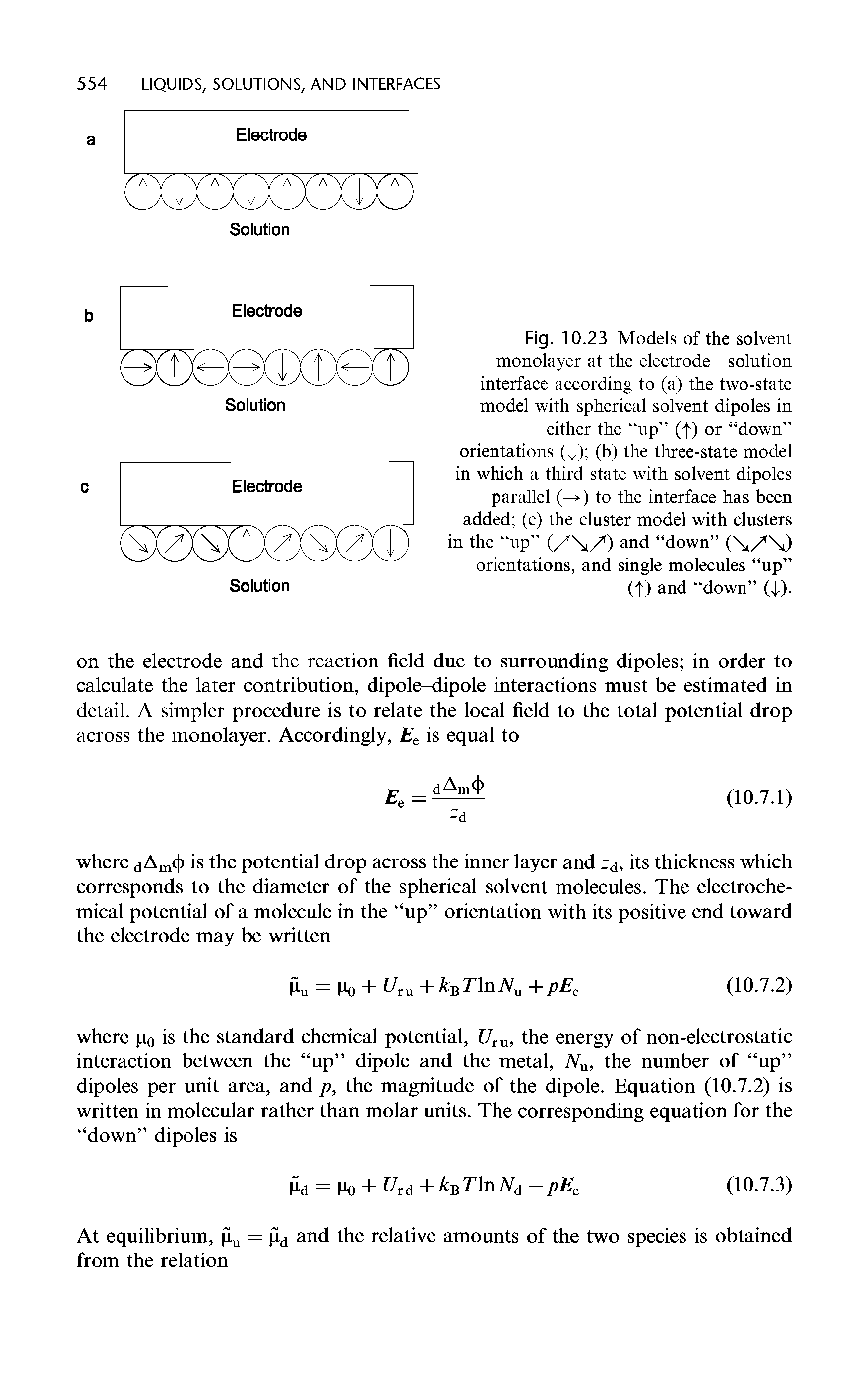 Fig. 10.23 Models of the solvent monolayer at the electrode solution interface according to (a) the two-state model with spherical solvent dipoles in either the up (f) or down orientations ( ) (b) the three-state model in which a third state with solvent dipoles parallel ( ) to the interface has been added (c) the cluster model with clusters in the up (/ / ) and down ( / ) orientations, and single molecules up (t) and down (f,).