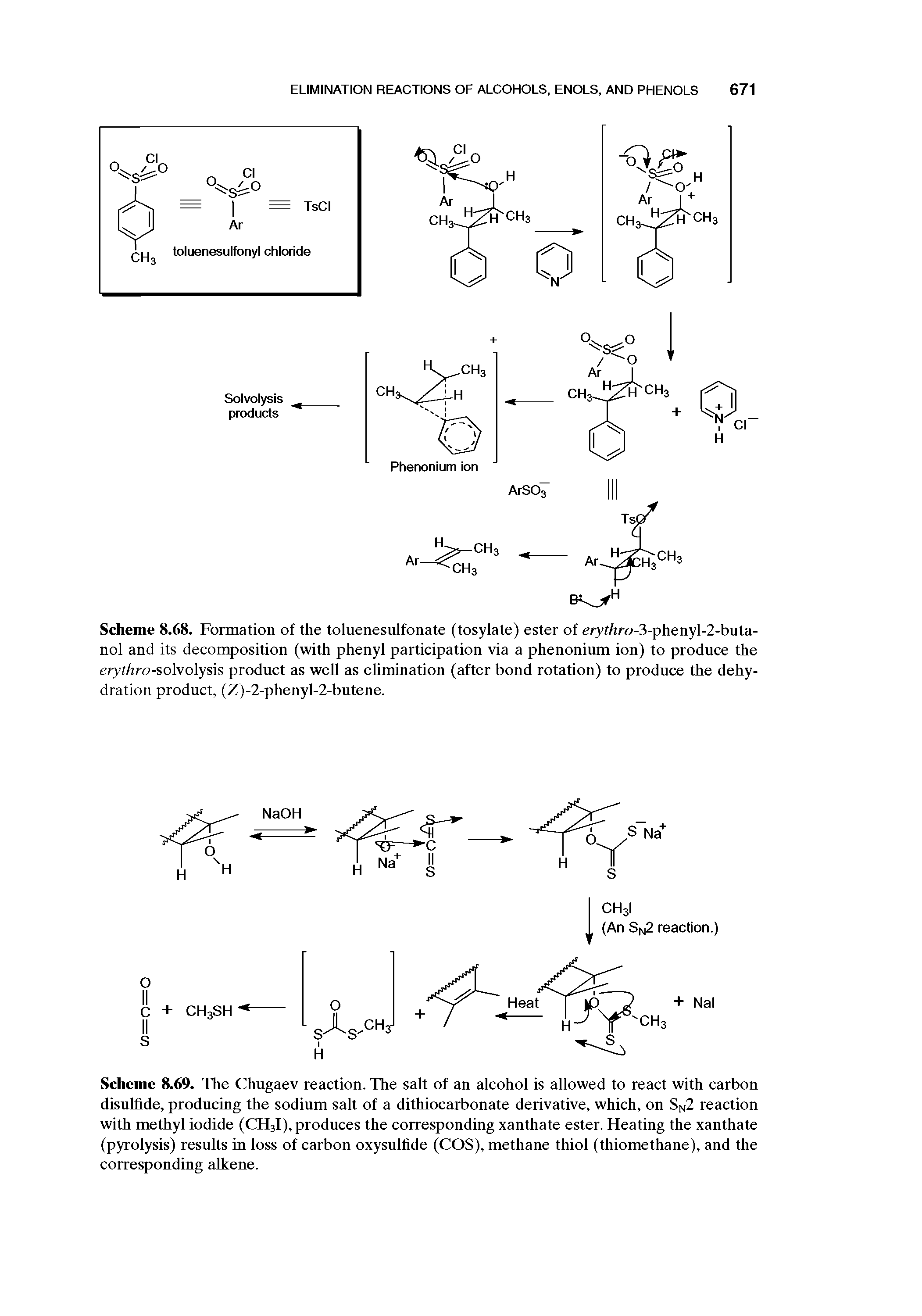 Scheme 8.69. The Chugaev reaction. The salt of an alcohol is allowed to react with carbon disulfide, producing the sodium salt of a dithiocarbonate derivative, which, on Sn2 reaction with methyl iodide (CH3I), produces the corresponding xanthate ester. Heating the xanthate (pyrolysis) results in loss of carbon oxysulfide (COS), methane thiol (thiomethane), and the corresponding alkene.