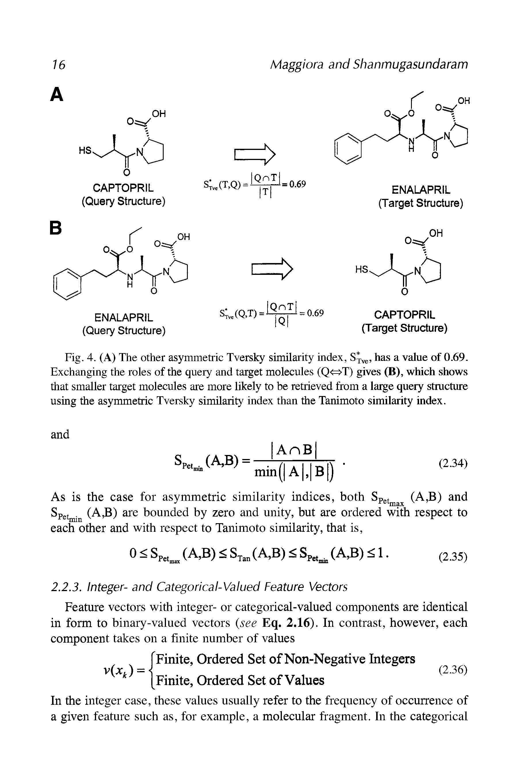 Fig. 4. (A) The other asymmetric Tversky similarity index, S VC, has a value of 0.69. Exchanging the roles of the query and target molecules (Q<=>T) gives (B), which shows that smaller target molecules are more likely to be retrieved from a large query structure using the asymmetric Tversky similarity index than the Tanimoto similarity index.