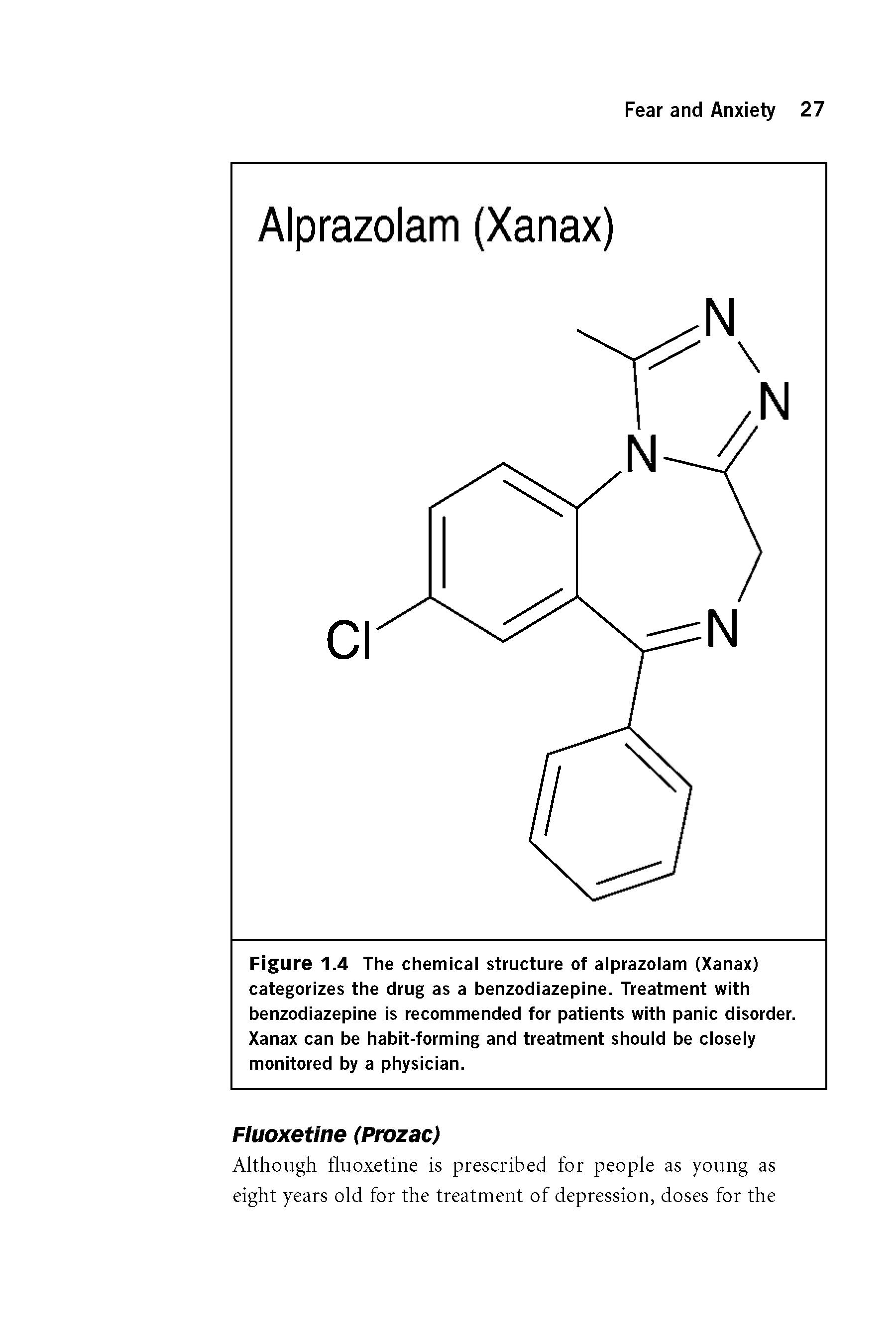 Figure 1.4 The chemical structure of alprazolam (Xanax) categorizes the drug as a benzodiazepine. Treatment with benzodiazepine is recommended for patients with panic disorder. Xanax can be habit-forming and treatment should be closely monitored by a physician.