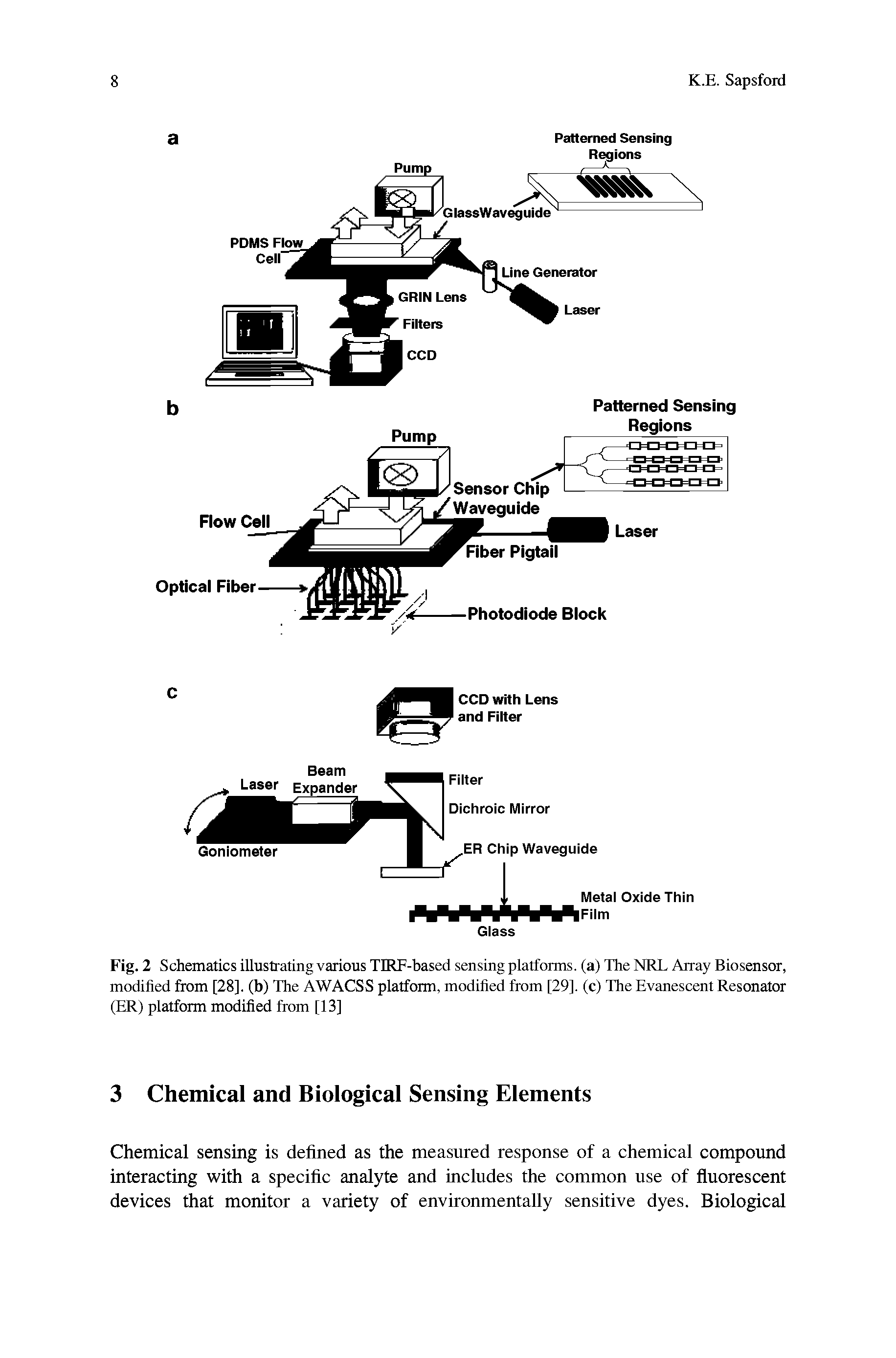 Fig. 2 Schematics illustrating various TIRF-based sensing platforms, (a) The NRL Array Biosensor, modified from [28]. (b) The AWACSS platform, modified from [29]. (c) The Evanescent Resonator (ER) platform modified from [13]...