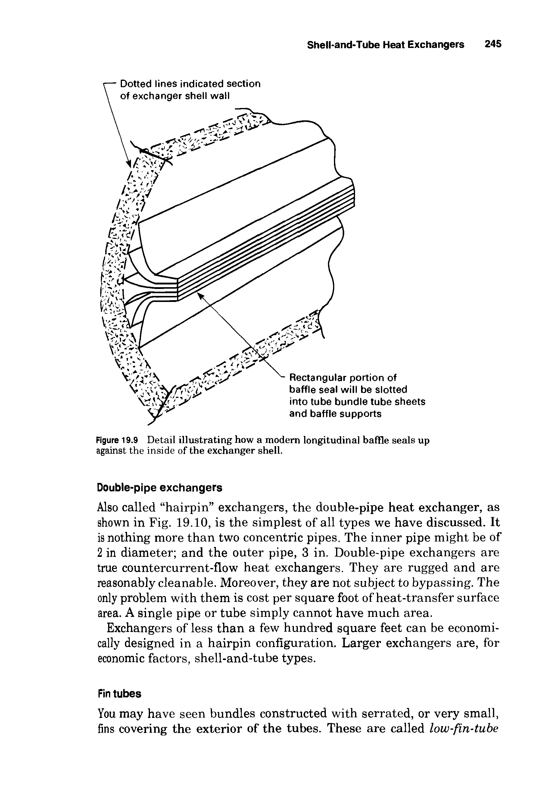 Figure 19.9 Detail illustrating how a modem longitudinal baffle seals up against the inside of the exchanger shell.