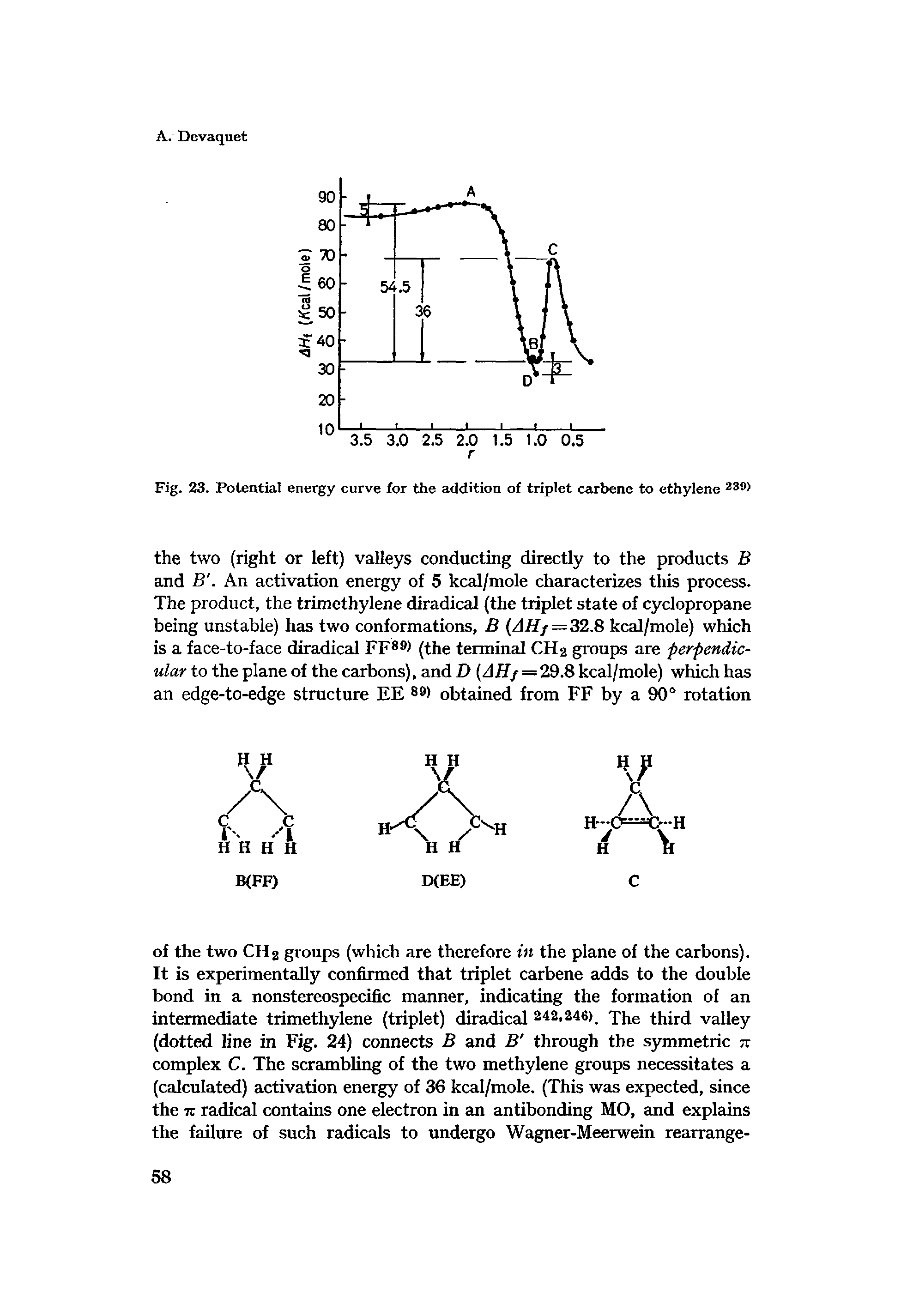 Fig. 23. Potential energy curve for the addition of triplet carbenc to ethylene 30)...