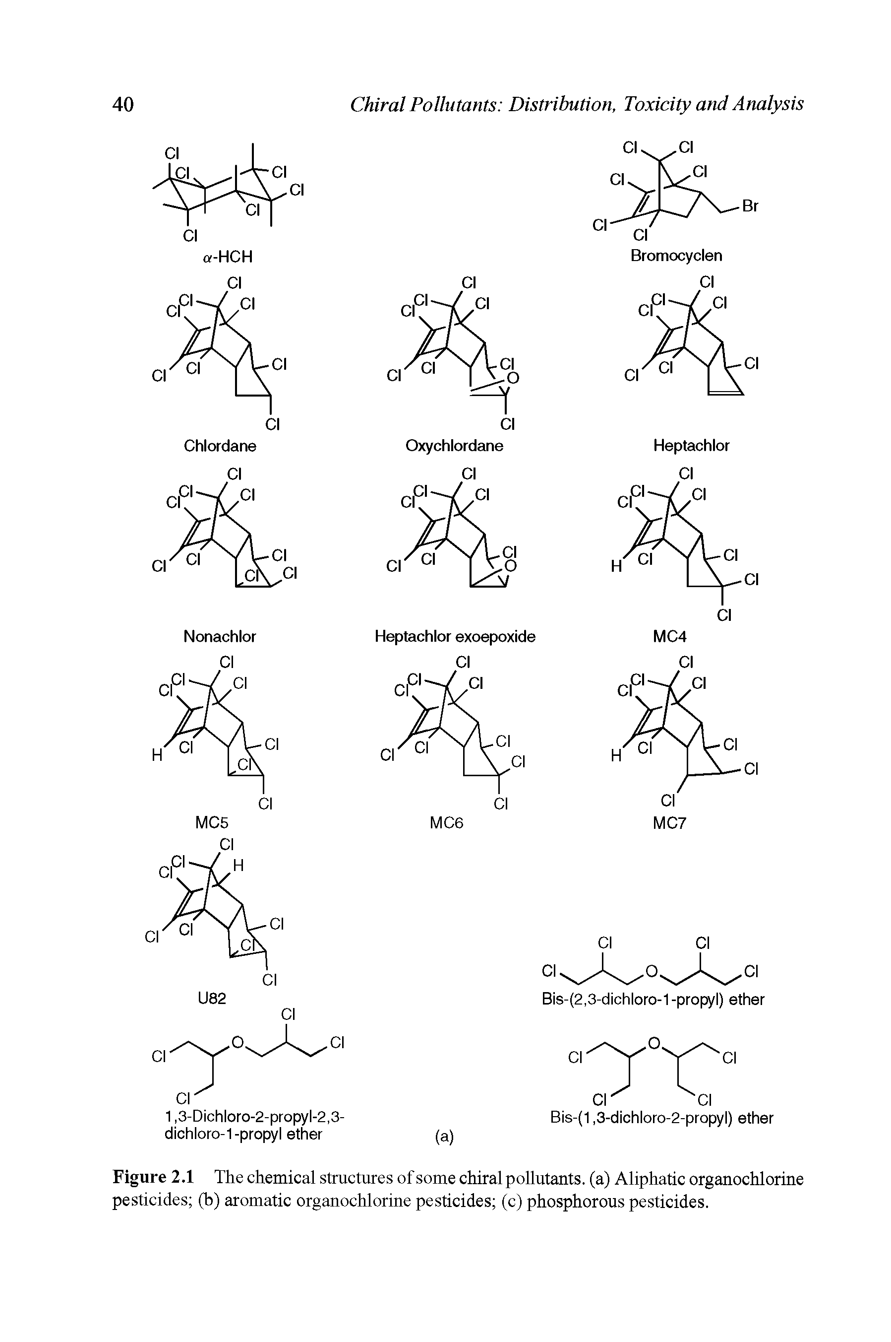 Figure 2.1 The chemical structures of some chiral pollutants, (a) Aliphatic organochlorine pesticides (b) aromatic organochlorine pesticides (c) phosphorous pesticides.
