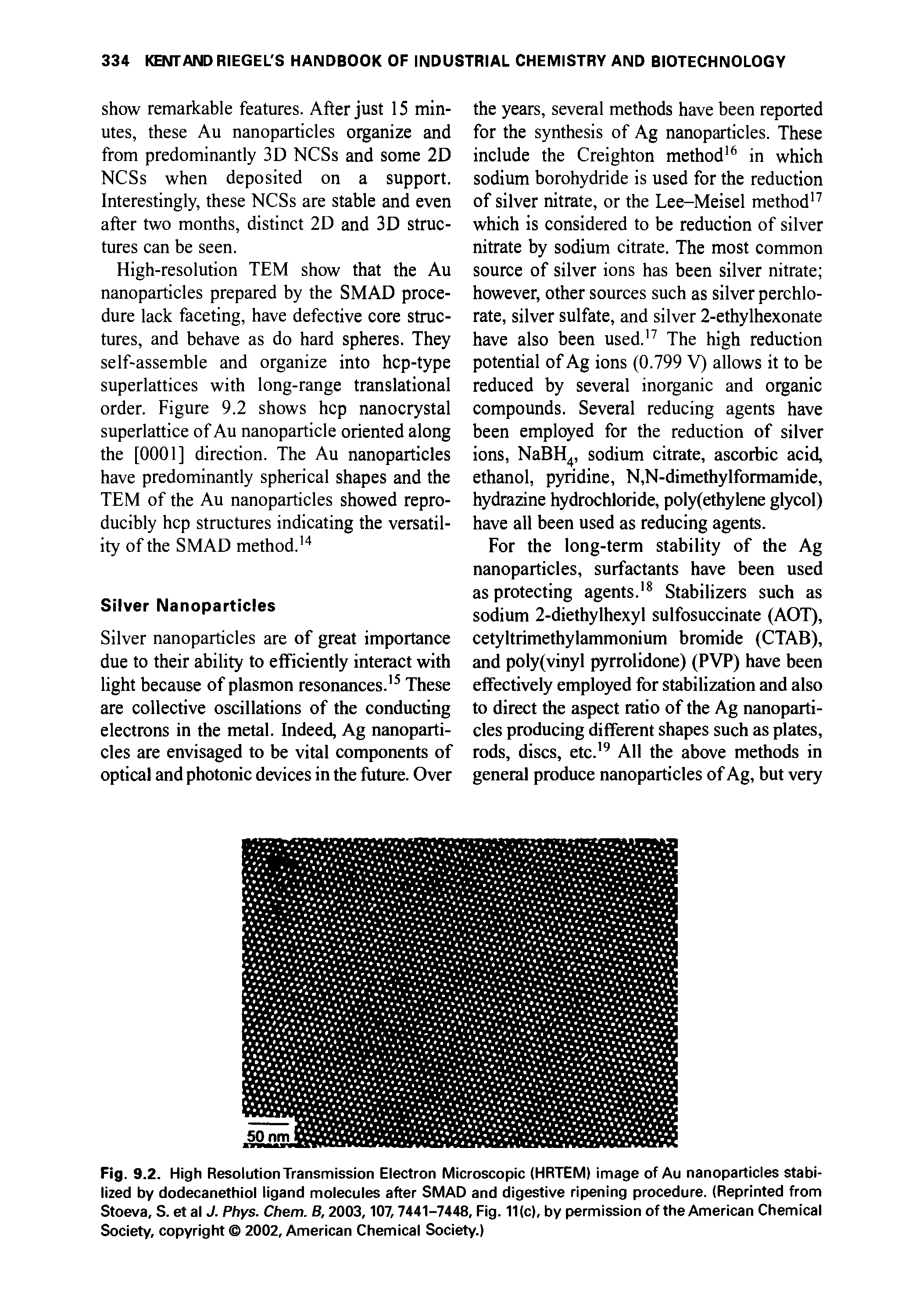 Fig. 9.2. High Resolution Transmission Electron Microscopic (HRTEM) image of Au nanoparticles stabilized by dodecanethiol ligand molecules after SMAD and digestive ripening procedure. (Reprinted from Stoeva, S. et al J. Phys. Chem. B, 2003,107,7441-7448, Fig. 11(c), by permission of the American Chemical Society, copyright 2002, American Chemical Society.)...