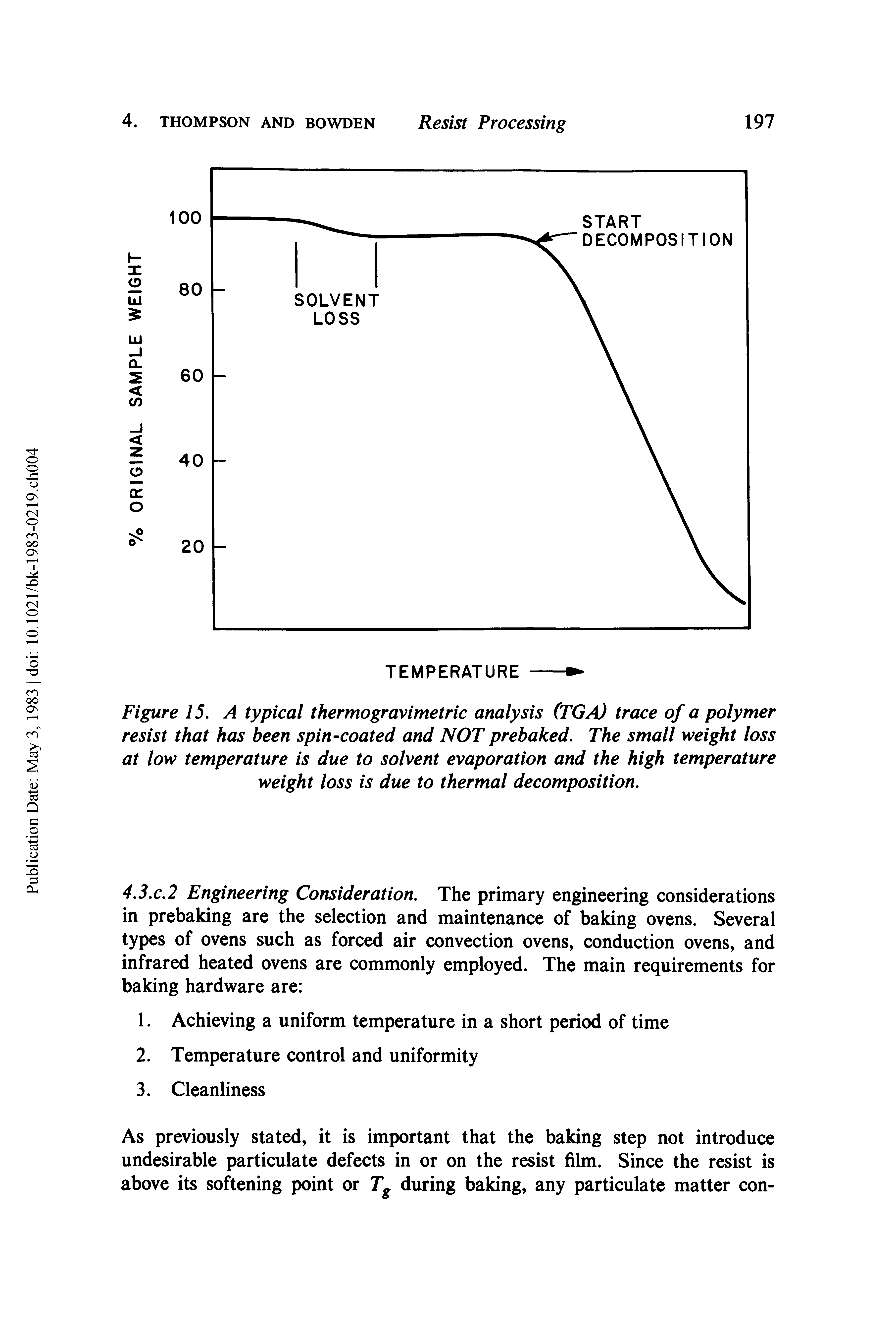 Figure 15. A typical thermogravimetric analysis (TGA) trace of a polymer resist that has been spin-coated and NOT prebaked. The small weight loss at low temperature is due to solvent evaporation and the high temperature weight loss is due to thermal decomposition.