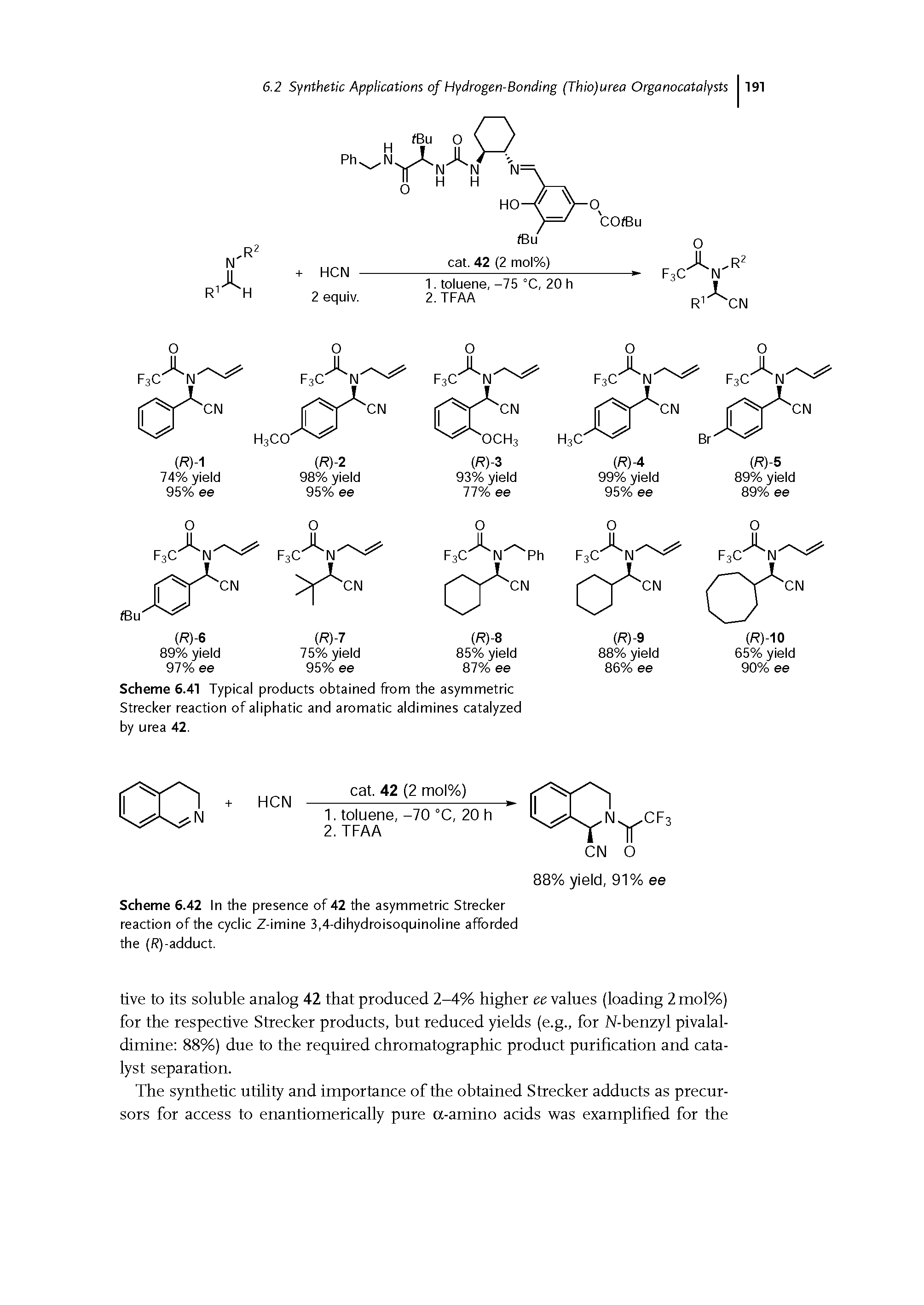 Scheme 6.41 Typical products obtained from the asymmetric Strecker reaction of aliphatic and aromatic aldimines catalyzed by urea 42.