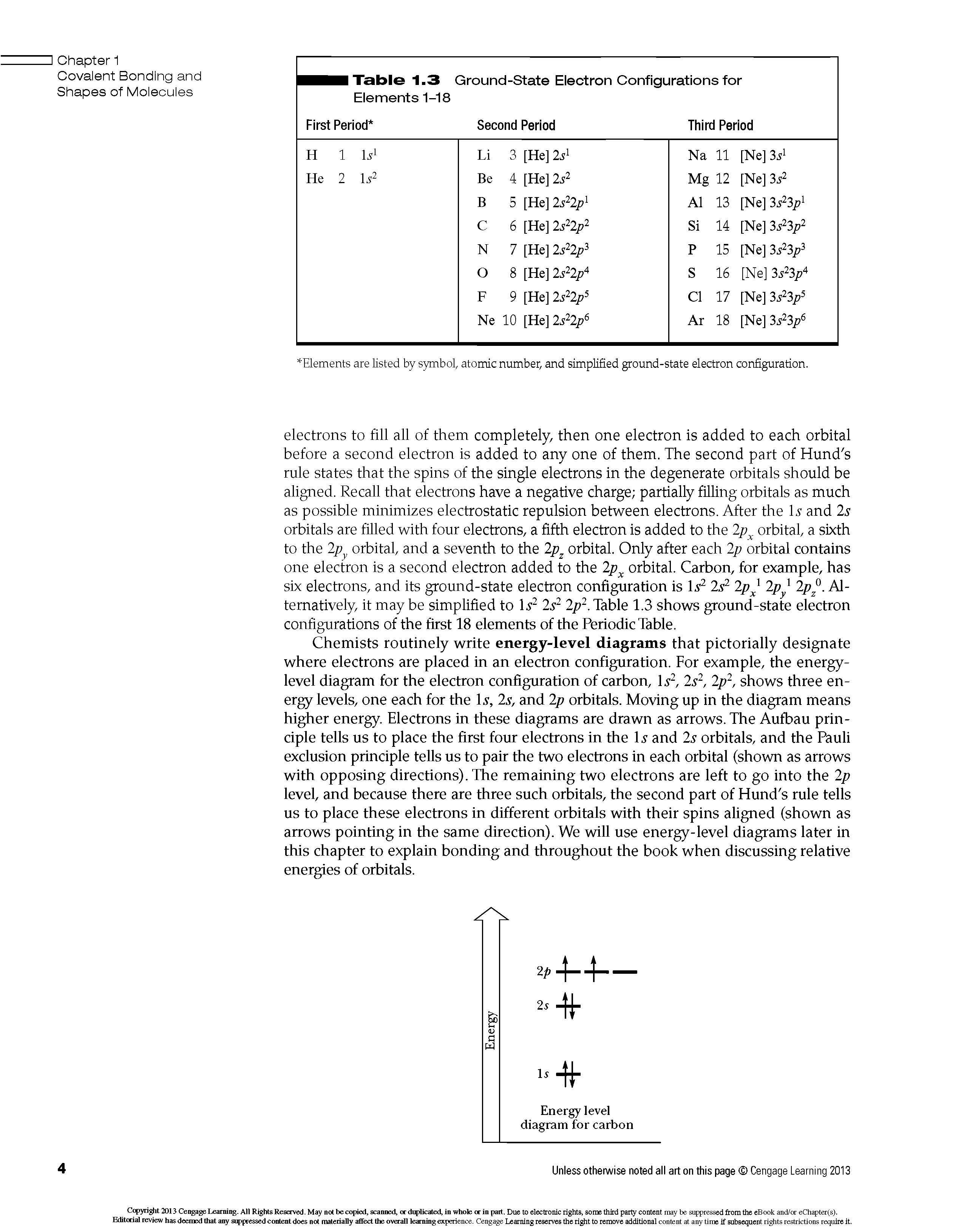 Table 1.3 Ground-State Electron Configurations for Elements 1-18 First Period Second Period Third Period ...