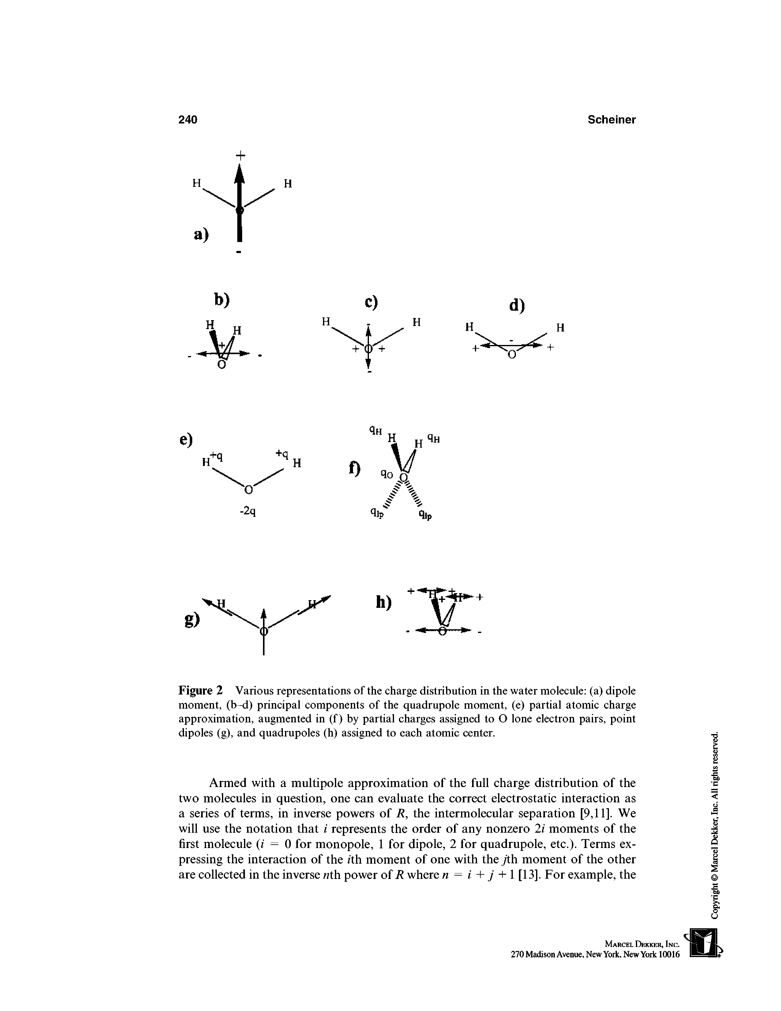 Figure 2 Various representations of the charge distribution in the water molecule (a) dipole moment, (b -d) principal components of the quadrupole moment, (e) partial atomic charge approximation, augmented in (f) by partial charges assigned to O lone electron pairs, point dipoles (g), and quadrupoles (h) assigned to each atomic center.