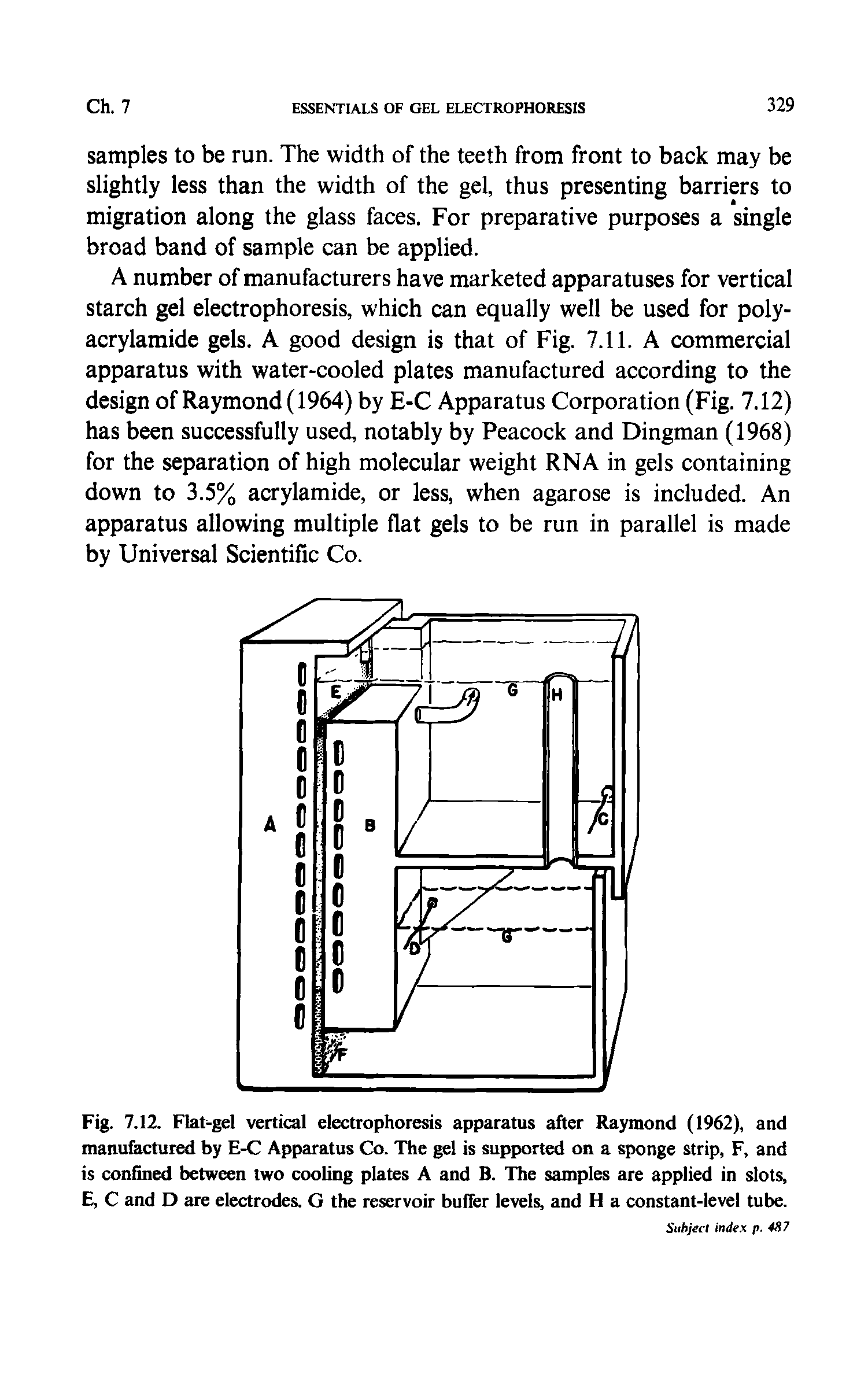 Fig. 7.12. Flat-gel vertical electrophoresis apparatus after Raymond (1962), and manufactured by E-C Apparatus Co. The gel is supported on a sponge strip, F, and is confined between two cooling plates A and B. The samples are applied in slots, E, C and D are electrodes. G the reservoir buffer levels, and H a constant-level tube.