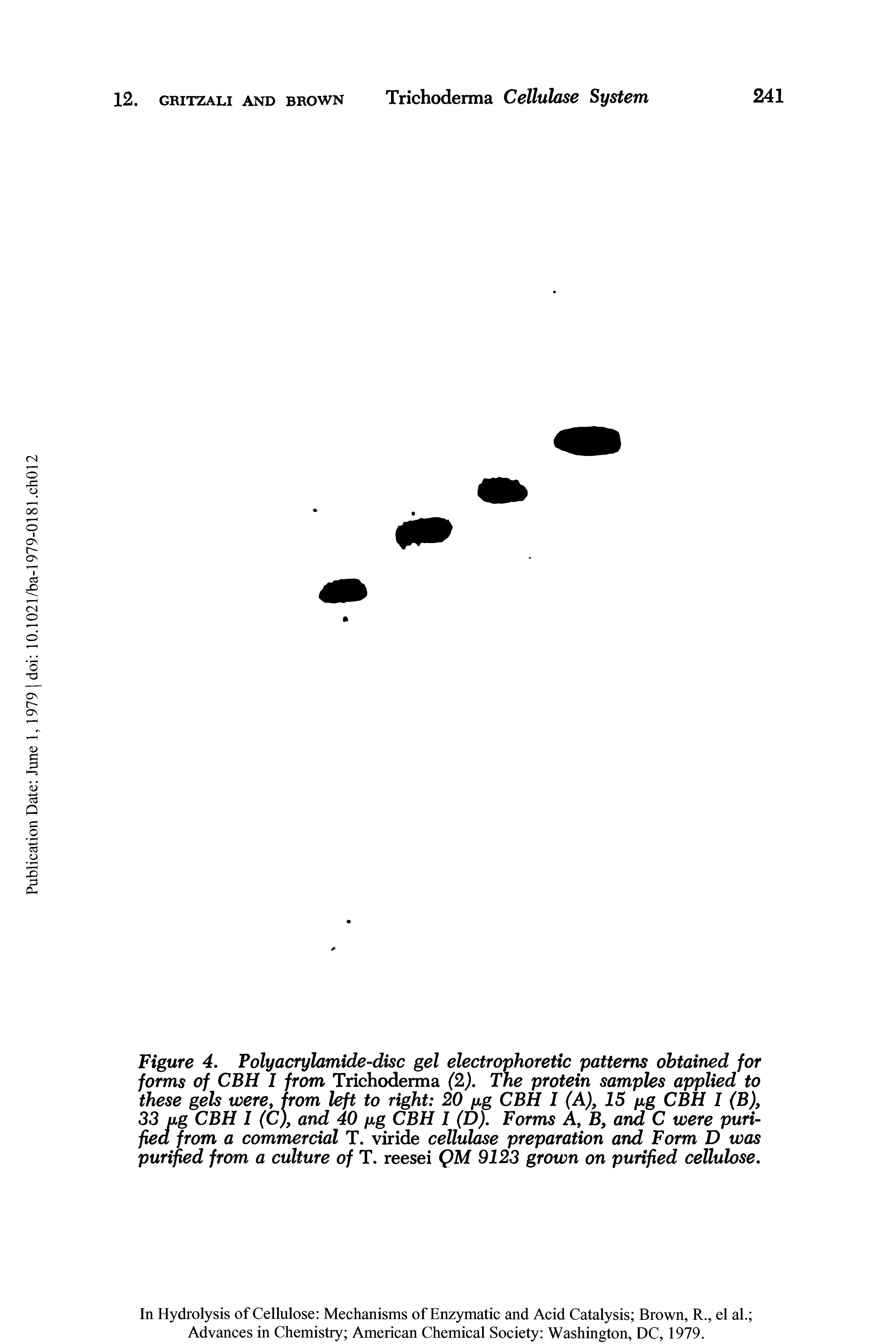 Figure 4. Poly acrylamide-disc gel electrophoretic patterns obtained for forms of CBH I from Trichoderma (2). The protein samples applied to these gels were, from left to right 20 fxg CBH I (A), 15 fig CBH I (B), 33 jig CBH I (C), and 40 fig CBH 1 (D). Forms A, B, and C were purified from a commercial T. viride cellulose preparation and Form D was purified from a culture of T. reesei QM 9123 grown on purified cellulose.