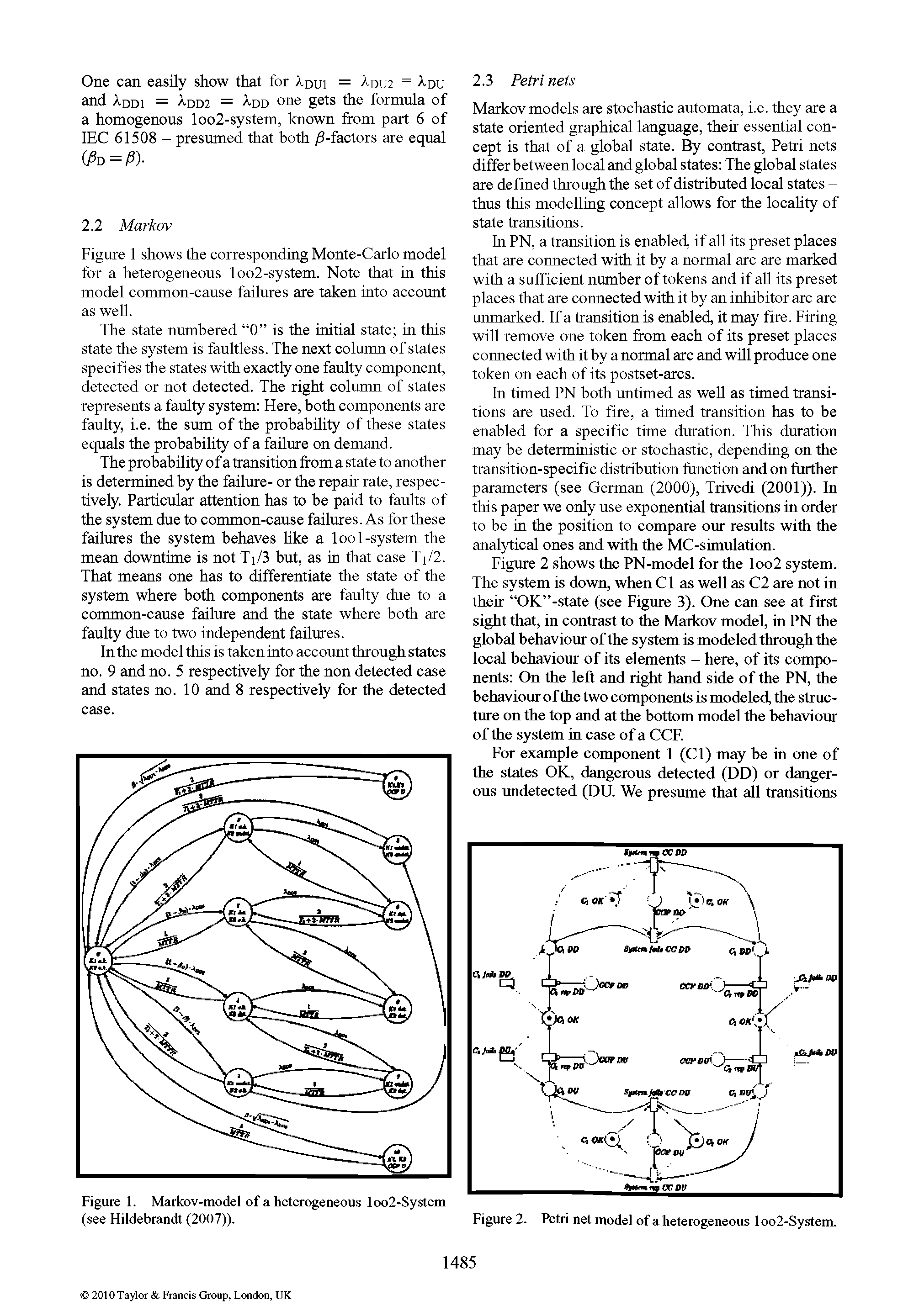 Figure 2 shows the PN-model for the loo2 system. The system is down, when Cl as well as C2 are not in their OK -state (see Figure 3). One can see at first sight that, in contrast to the Markov model, in PN the global behaviour of the system is modeled through the local behaviour of its elements - here, of its components On the left and right hand side of the PN, the behaviour of the two components is modeled, the structure on the top and at the bottom model the hehaviour of the system in case of a CCF.