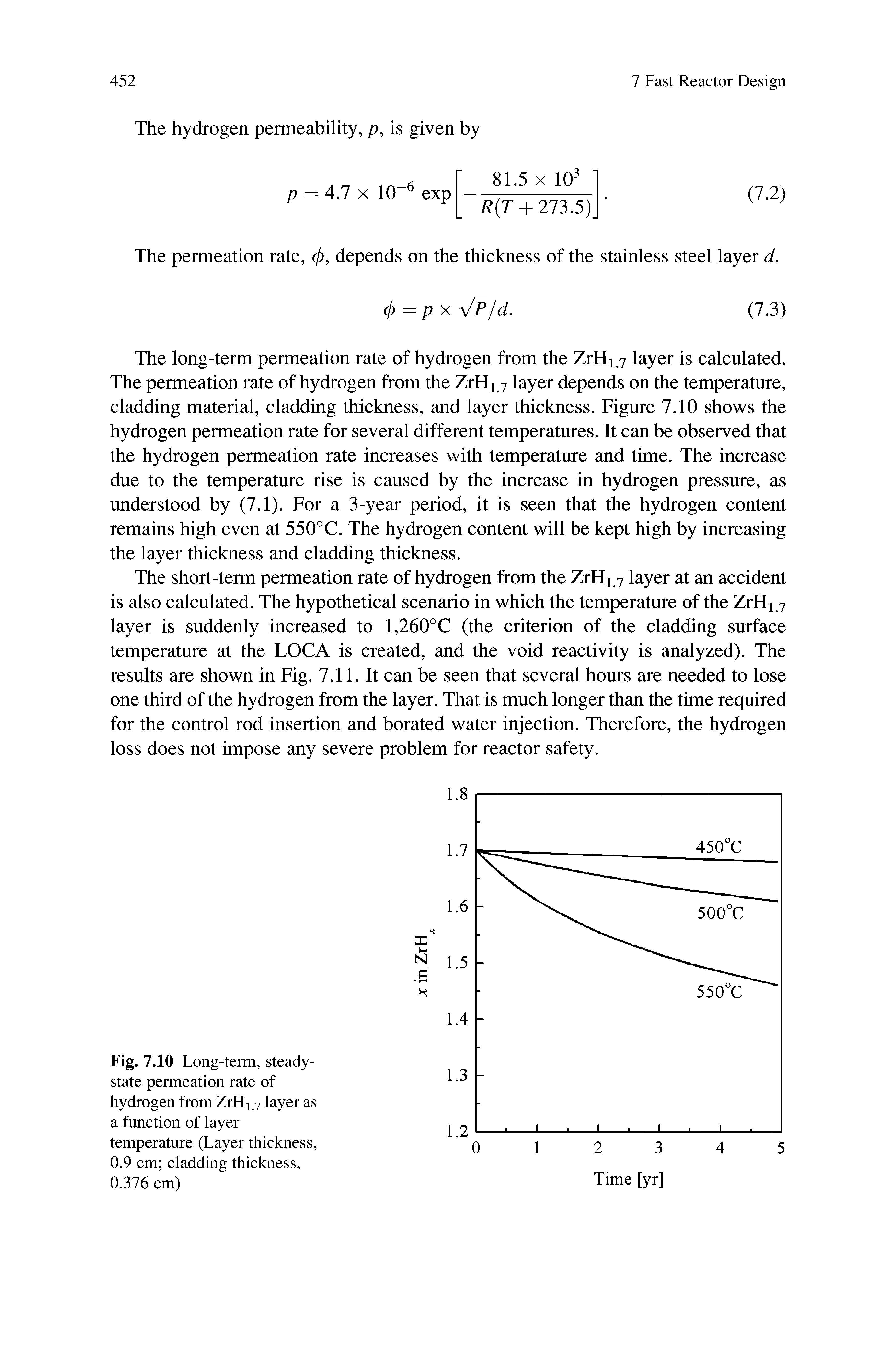 Fig. 7.10 Long-term, steady-state permeation rate of hydrogen from ZrHi 7 layer as a function of layer temperature (Layer thickness, 0.9 cm cladding thickness, 0.376 cm)...