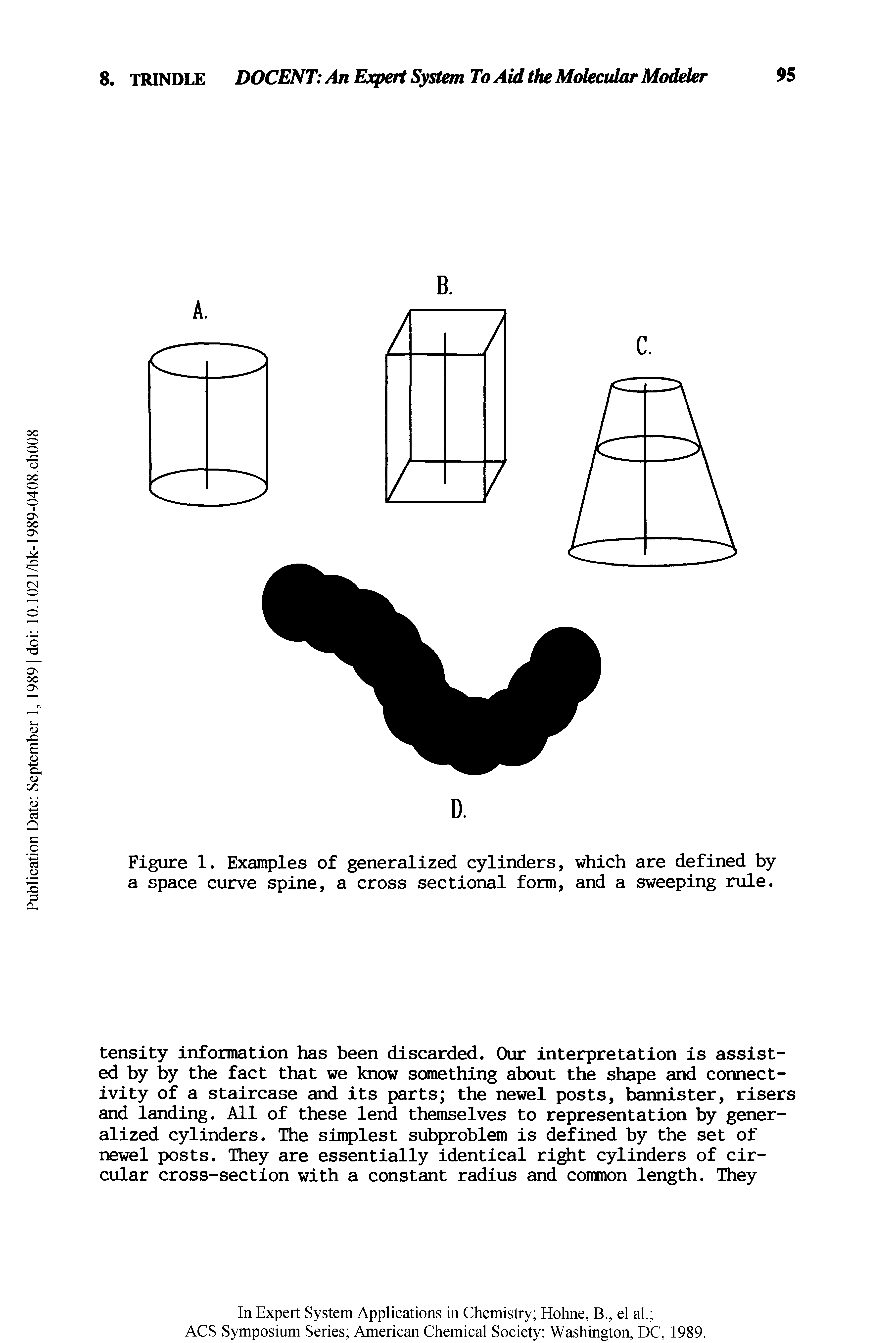 Figure 1. Examples of generalized cylinders, which are defined by a space curve spine, a cross sectional form, and a sweeping rule.