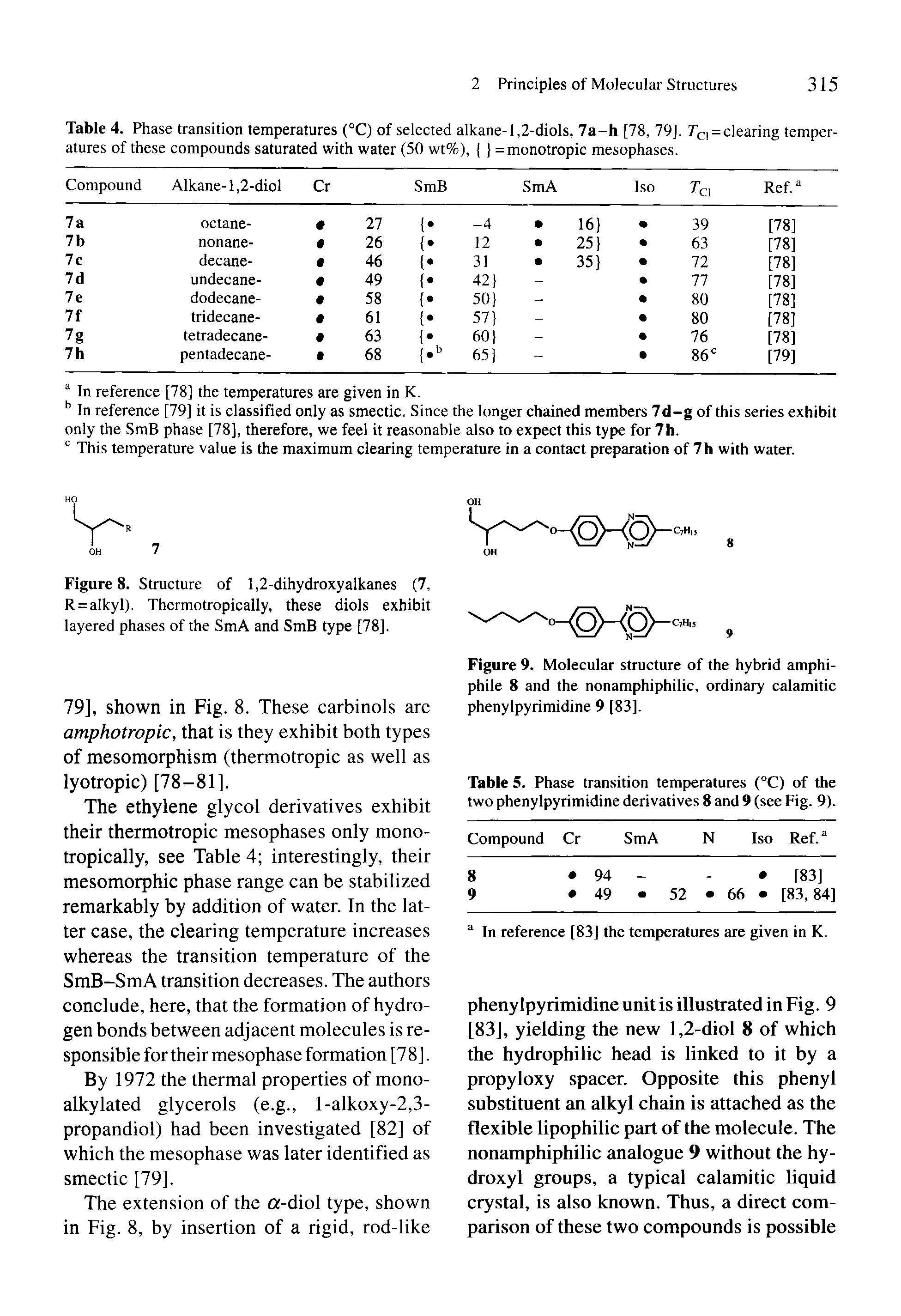 Table 4. Phase transition temperatures (°C) of selected alkane-1,2-diols, 7a-h [78, 79]. rci=clearing temperatures of these compounds saturated with water (50 wt%), = monotropic mesophases.