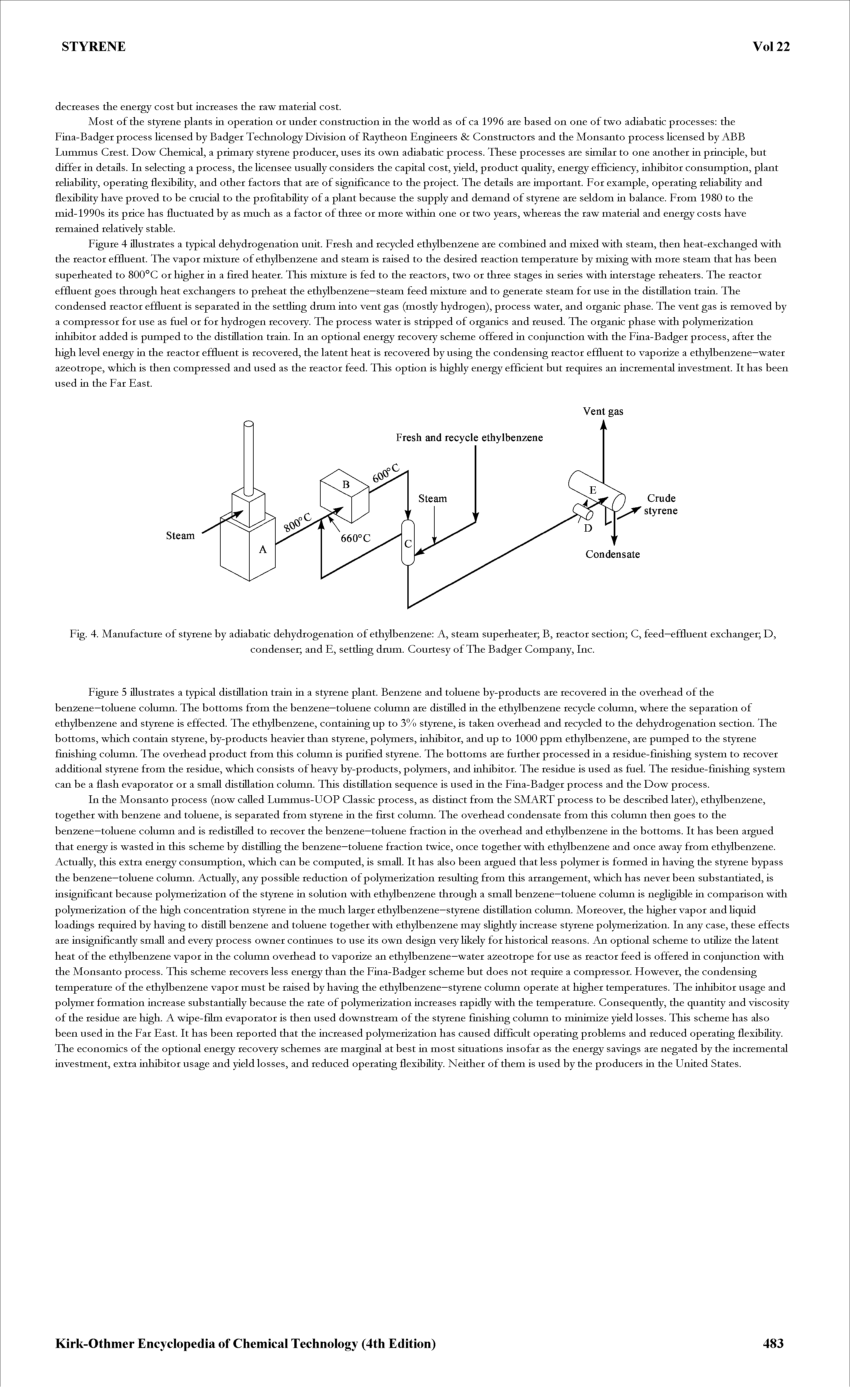 Fig. 4. Manufacture of styrene by adiabatic dehydrogenation of ethylbenzene A, steam superheater B, reactor section C, feed—effluent exchanger D,...