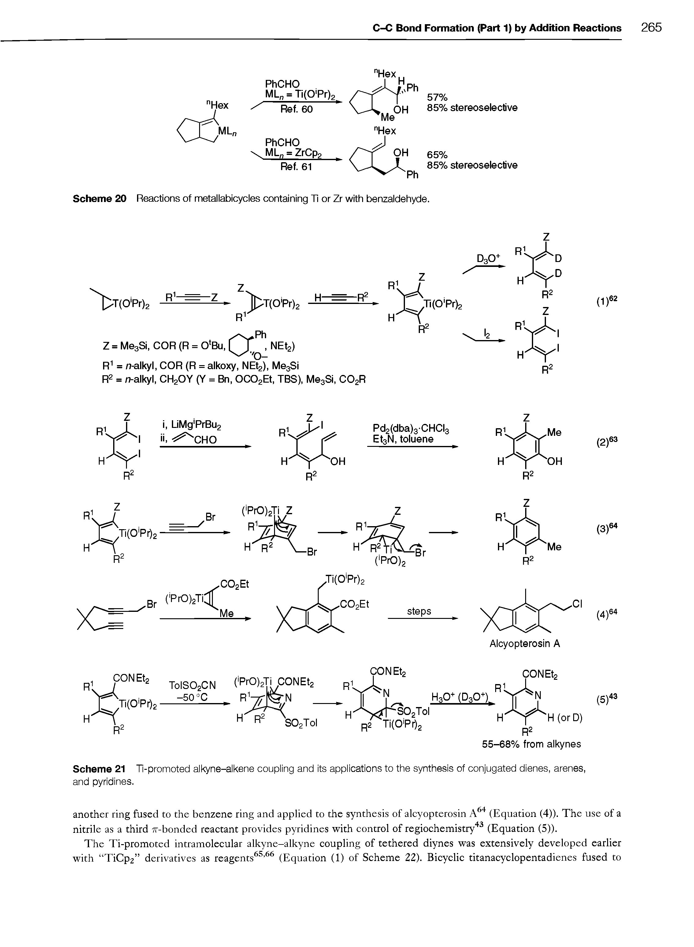 Scheme 21 Ti-promoted alkyne-alkene coupling and its applications to the synthesis of conjugated dienes, arenes, and pyridines.