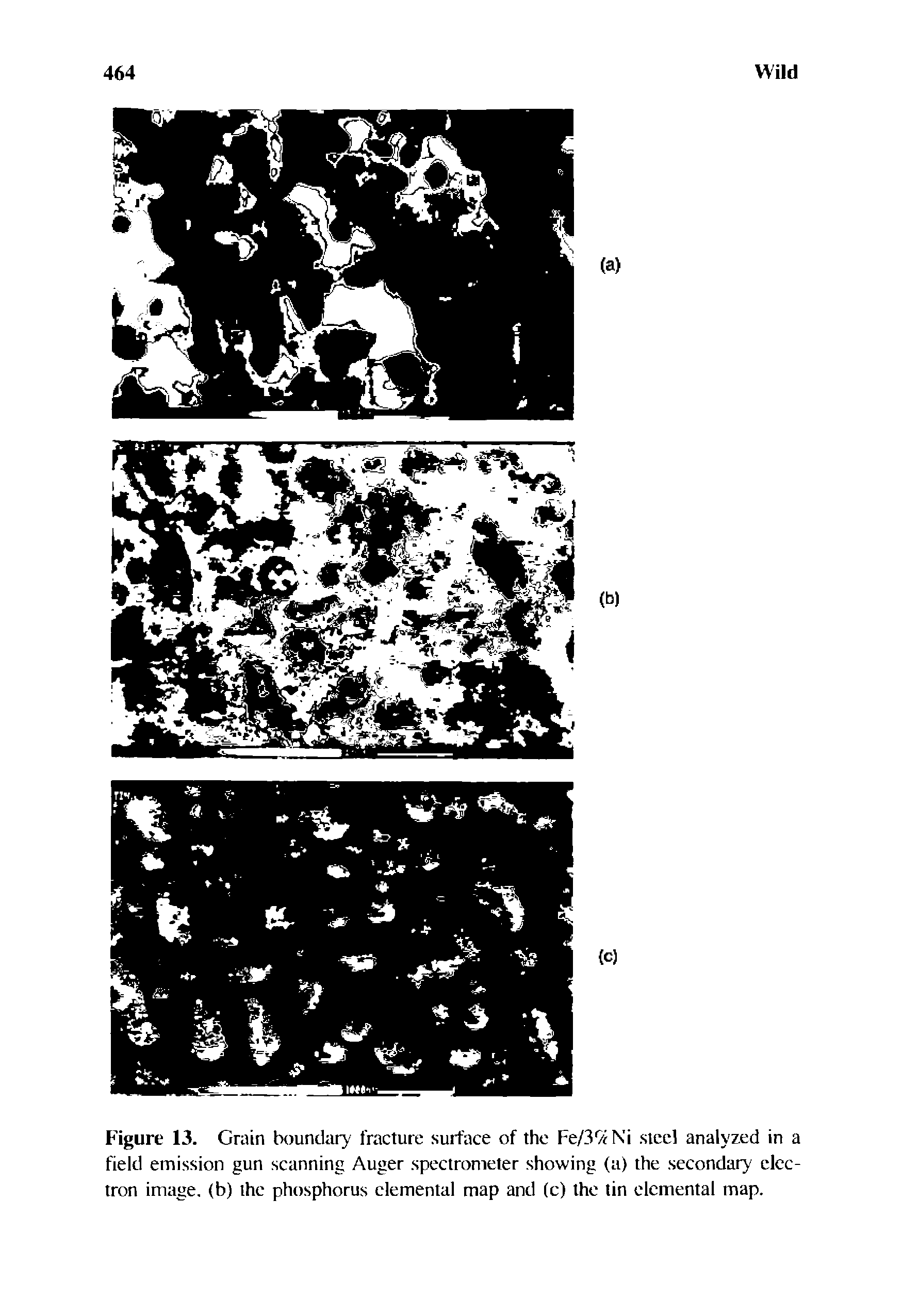 Figure 13. Grain boundary fracture surface of the Fe/39fNi steel analyzed in a field emission gun scanning Auger spectrometer showing (a) the secondary electron image, (b) the phosphorus elemental map and (c) the tin elemental map.