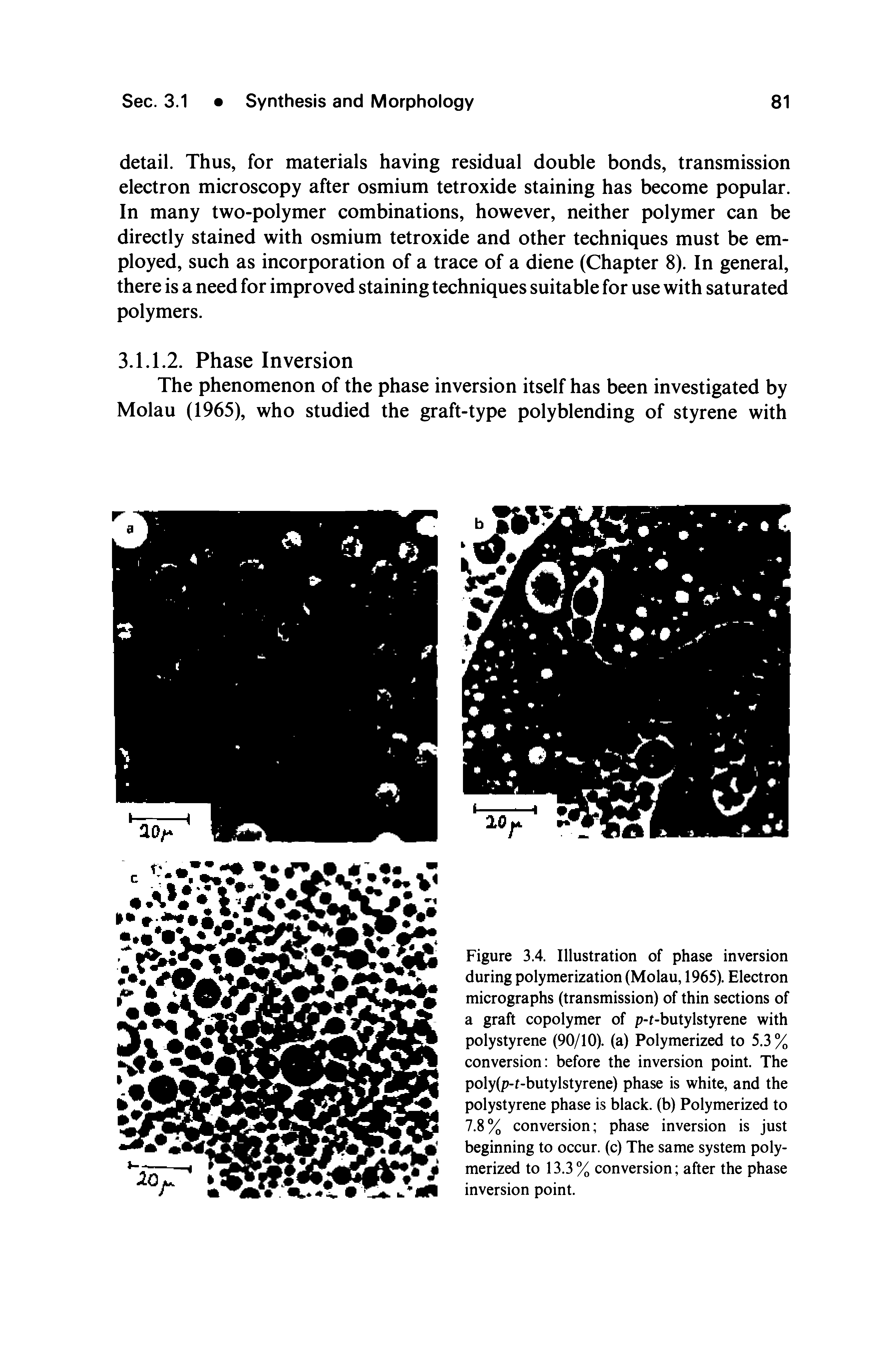 Figure 3.4. Illustration of phase inversion during polymerization (Molau, 1965). Electron micrographs (transmission) of thin sections of a graft copolymer of p-t-butylstyrene with polystyrene (90/10). (a) Polymerized to 5.3 % conversion before the inversion point. The poly(p-t-butylstyrene) phase is white, and the polystyrene phase is black, (b) Polymerized to 7.8% conversion phase inversion is just beginning to occur, (c) The same system polymerized to 13.3% conversion after the phase inversion point.