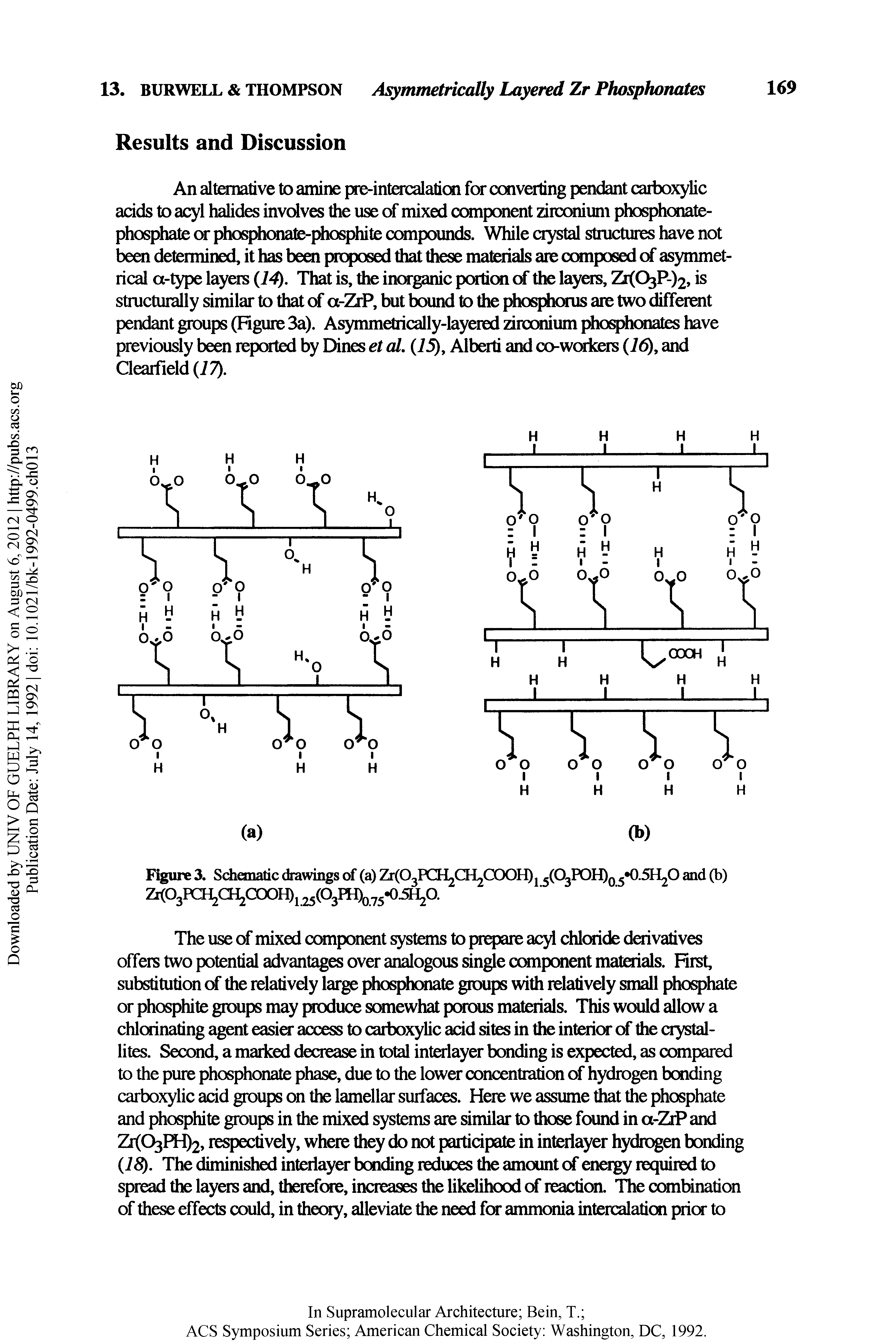 Figure 3. Schanadc drawings of (a) Zr(03PCH2CH2CC)0t j (03P0H)q 0.5H20 and (b) Zi<03Pa a cooH)j 25(O3PH) 75-05 a...