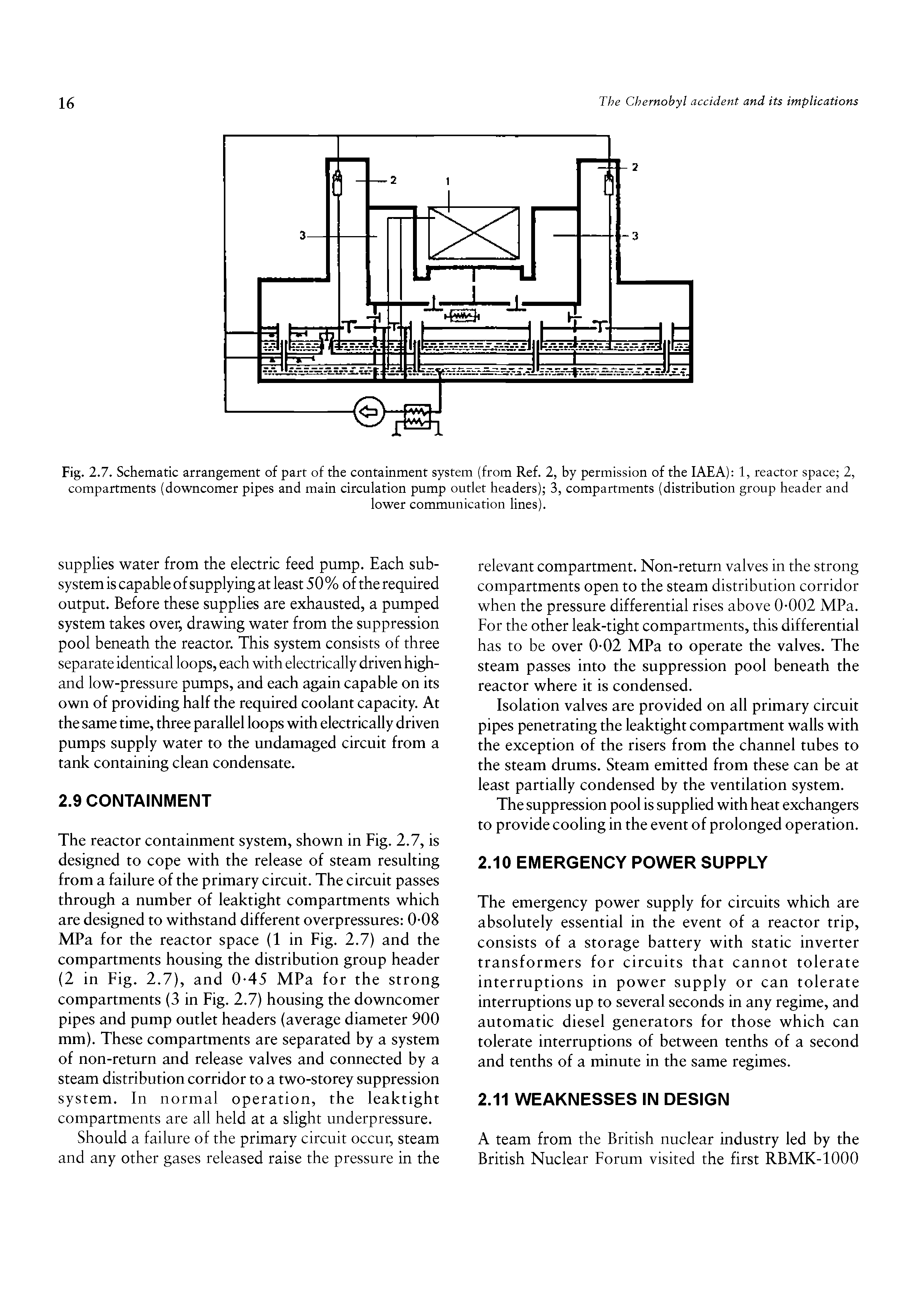 Fig. 2.7. Schematic arrangement of part of the containment system (from Ref. 2, by permission of the IAEA) 1, reactor space 2, compartments (downcomer pipes and main circulation pump outlet headers) 3, compartments (distribution group header and...
