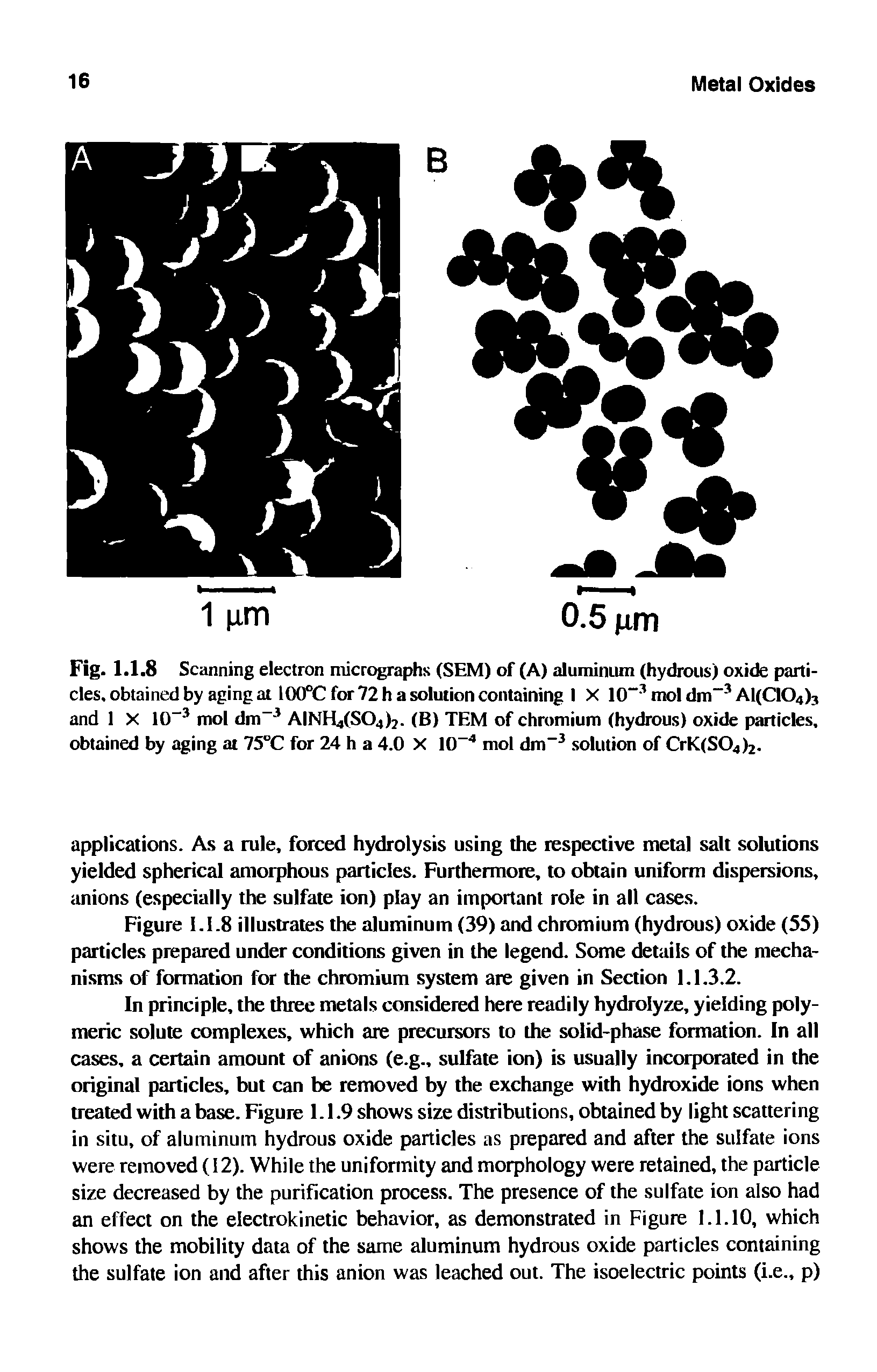 Fig. 1.1.8 Scanning electron micrographs (SEM) of (A) aluminum (hydrous) oxide particles. obtained by aging at 100°C for 72 h a solution containing I X 10-3 mol dm-3 A1(CI04)3 and 1 X 10-3 mol dm-3 AINHjfSO.,. (B) TEM of chromium (hydrous) oxide particles, obtained by aging at 75 C for 24 h a 4.0 X 10-4 mol dm-3 solution of CrK(S04)2.