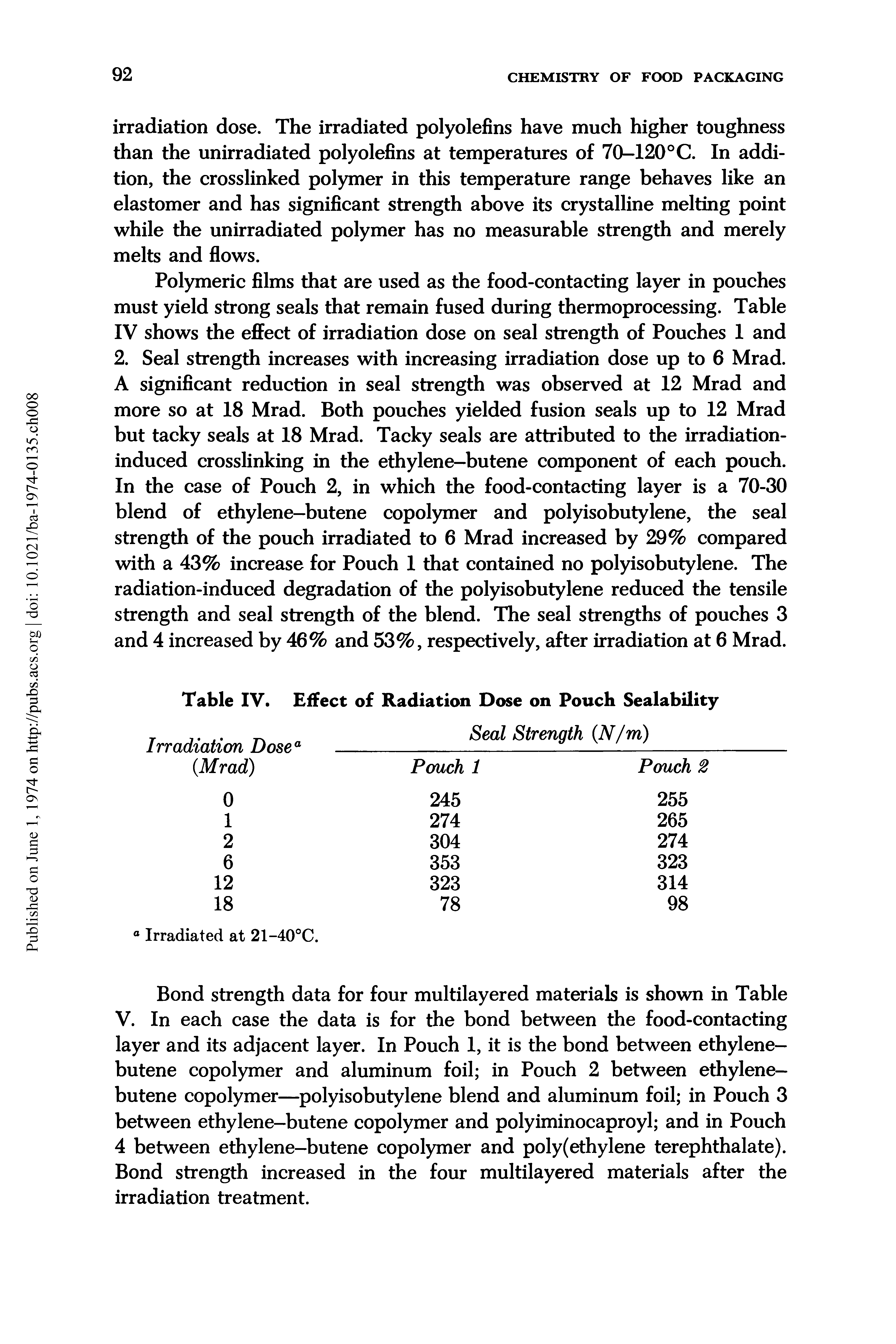 Table IV. Effect of Radiation Dose on Pouch Sealability...