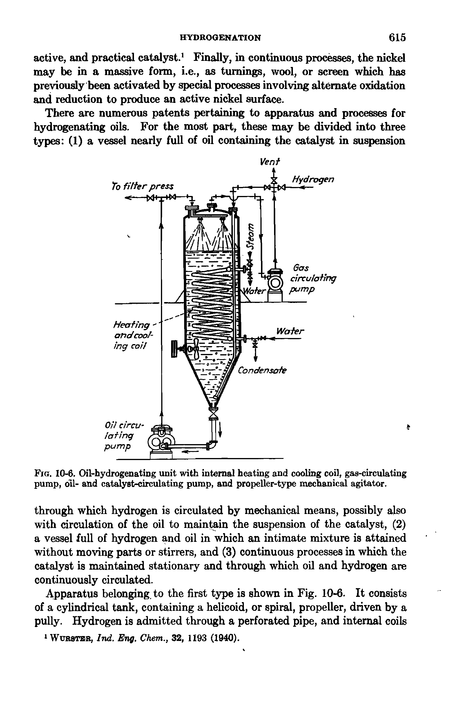 Fig. 10-6. Oil-hydrogenating unit with internal heating and cooling coil, gas-circulating pump, oil- and catalyst-circulating pump, and propeller-type mechanical agitator.
