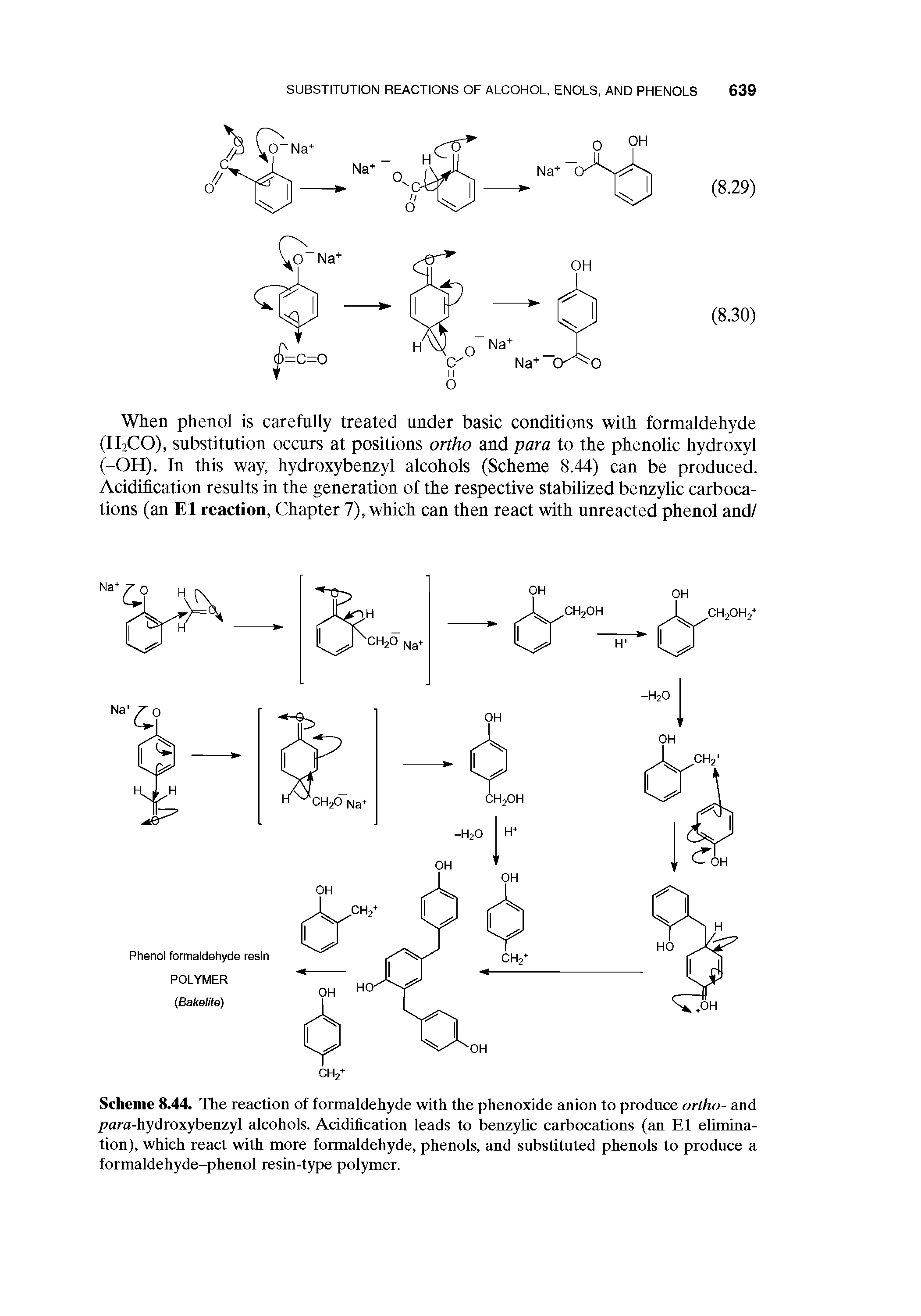 Scheme 8.44. The reaction of formaldehyde with the phenoxide anion to produce ortho- and para-hydroxybenzyl alcohols. Acidification leads to benzyhc carbocations (an El elimination), which react with more formaldehyde, phenols, and substituted phenols to produce a formaldehyde-phenol resin-type polymer.