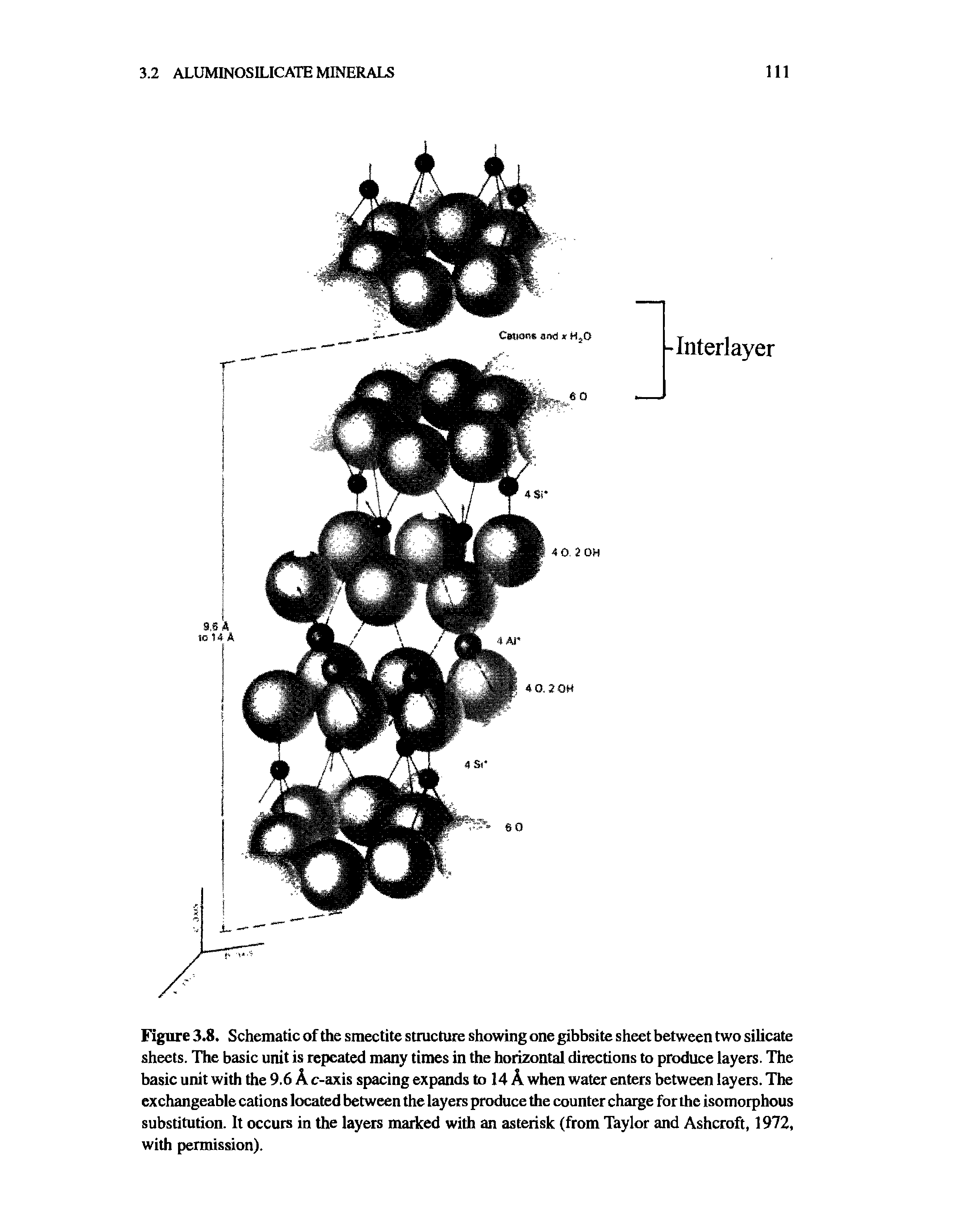 Figure 3.8. Schematic of the smectite structure showing one gibbsite sheet between two silicate sheets. The basic unit is repeated many times in the horizontal directions to produce layers. The basic unit with the 9.6 A c-axis spacing expands to 14 A when water enters between layers. The exchangeable cations located between the layers produce the counter charge for the isomorphous substitution. It occurs in the layers marked with an asterisk (from Taylor and Ashcroft, 1972, with permission).