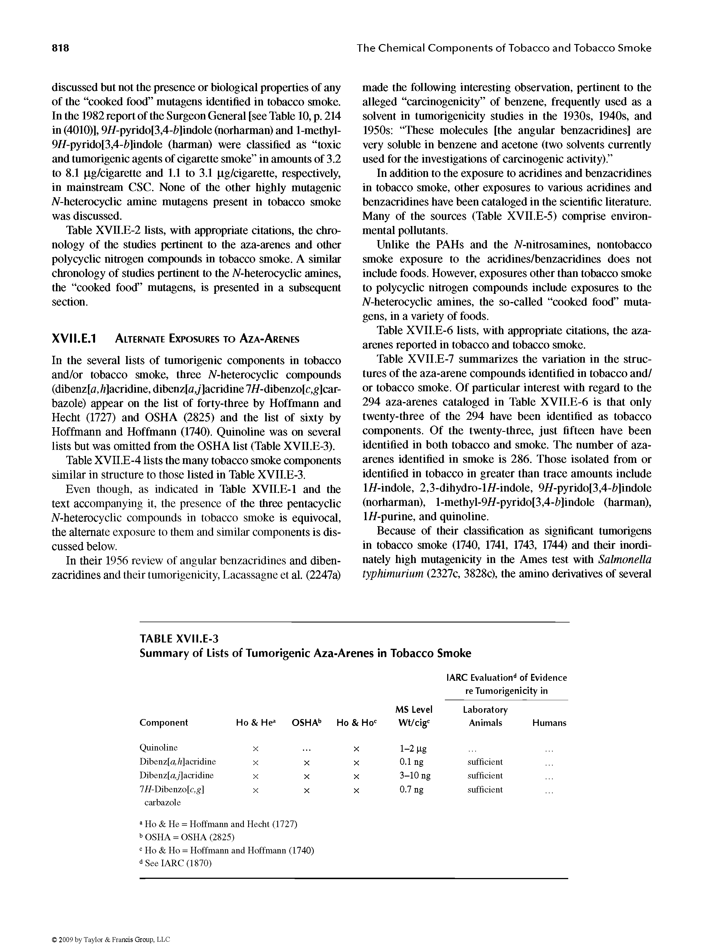 Table XVn.E-2 hsts, with appropriate citations, the chronology of the studies pertinent to the aza-arenes and other polycyclic nitrogen compounds in tobacco smoke. A similar chronology of studies pertinent to the A-heterocyclic amines, the cooked food mutagens, is presented in a subsequent section.