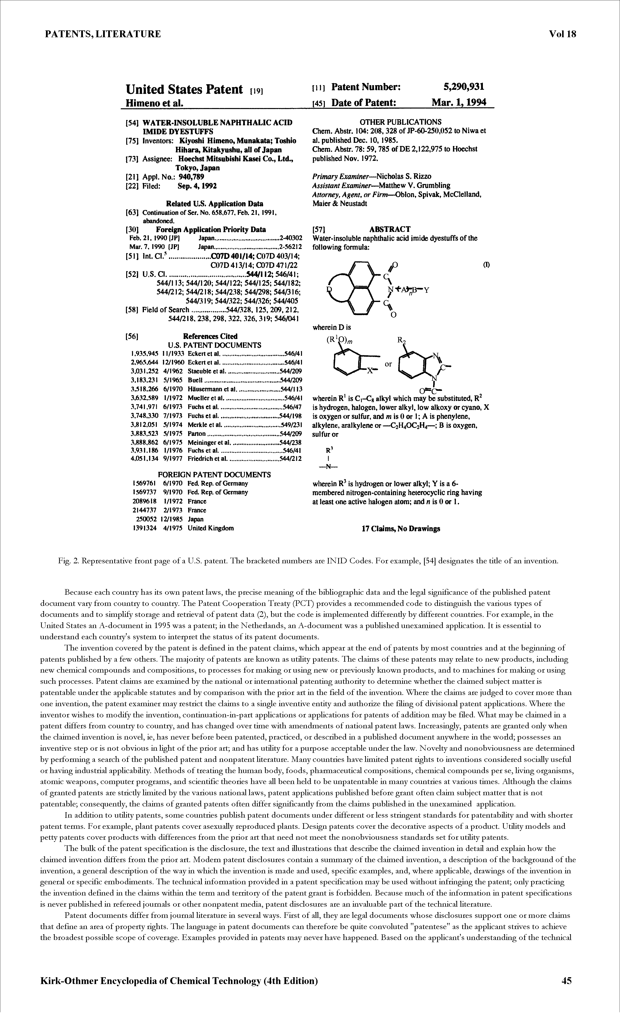 Fig. 2. Representative front page of a U.S. patent. The bracketed numbers are INID Codes. For example, [54] designates the tide of an invention.